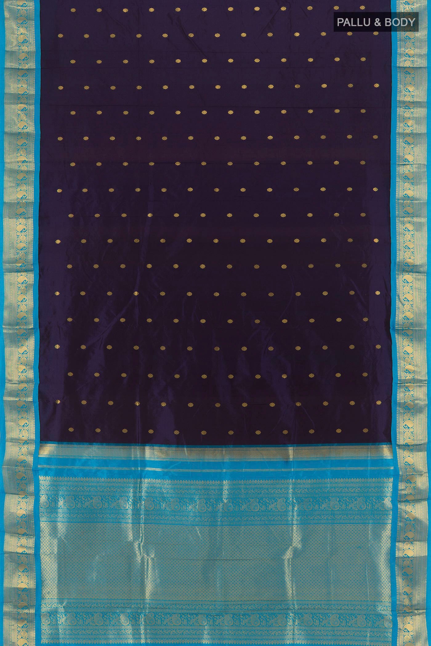Flat view of Navy Blue Bangalore Silk - kadyal Saree with Zari Butta on the body and Zari Border. 