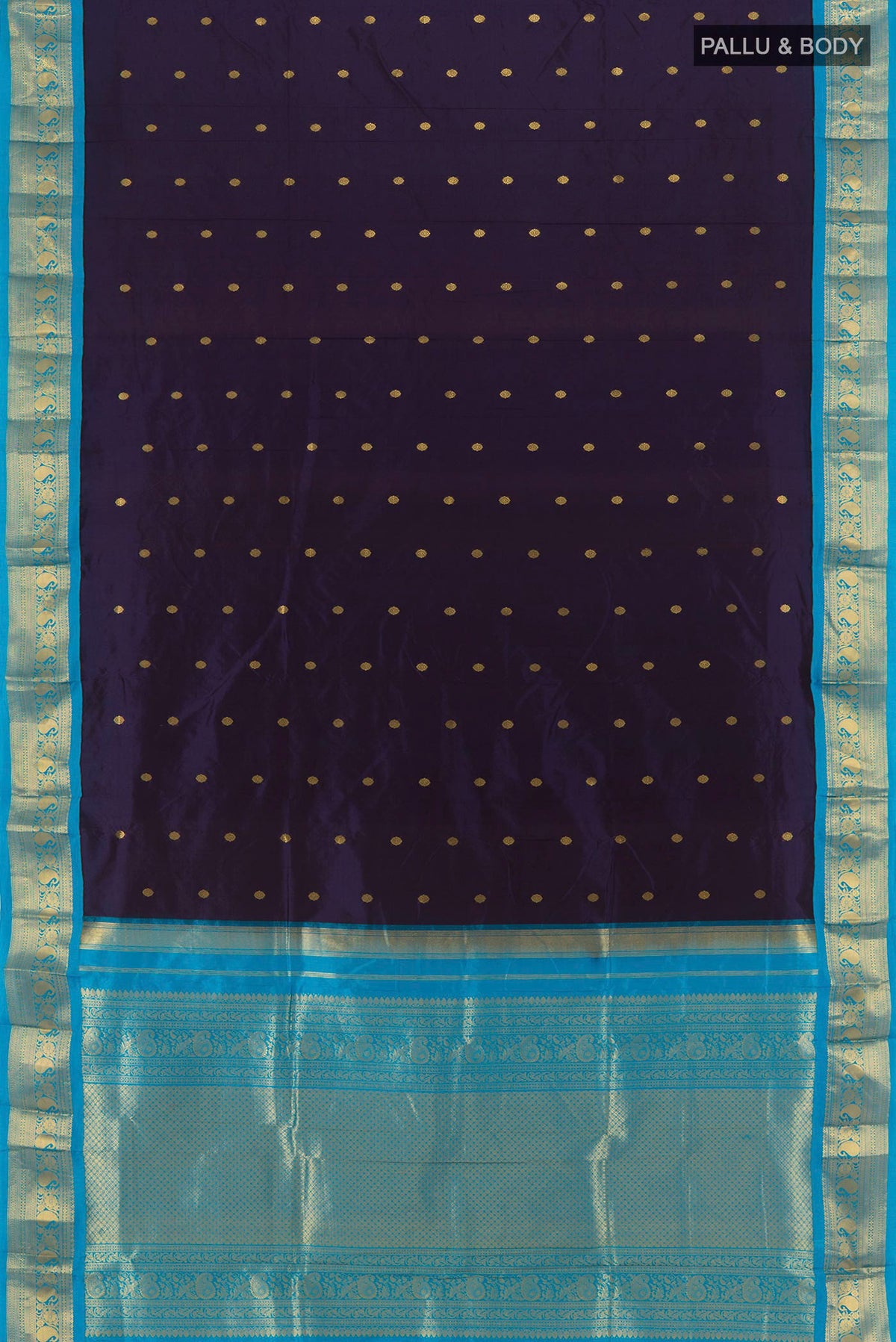 Flat view of Navy Blue Bangalore Silk - kadyal Saree with Zari Butta on the body and Zari Border. 