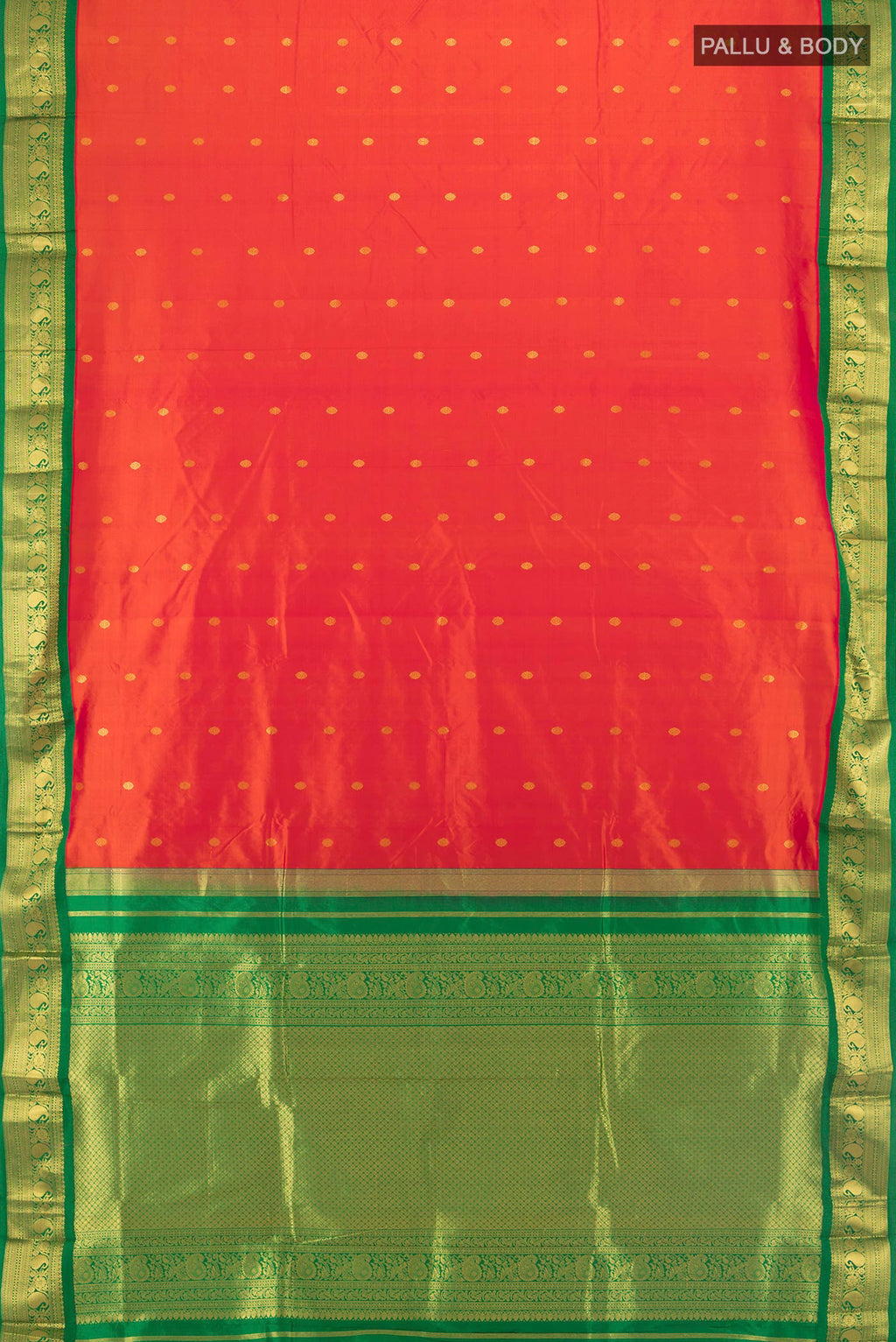 Flat view of Pure Silk Orange Bangalore - kadyal Saree with Zari Butta on the body and Zari Border. 