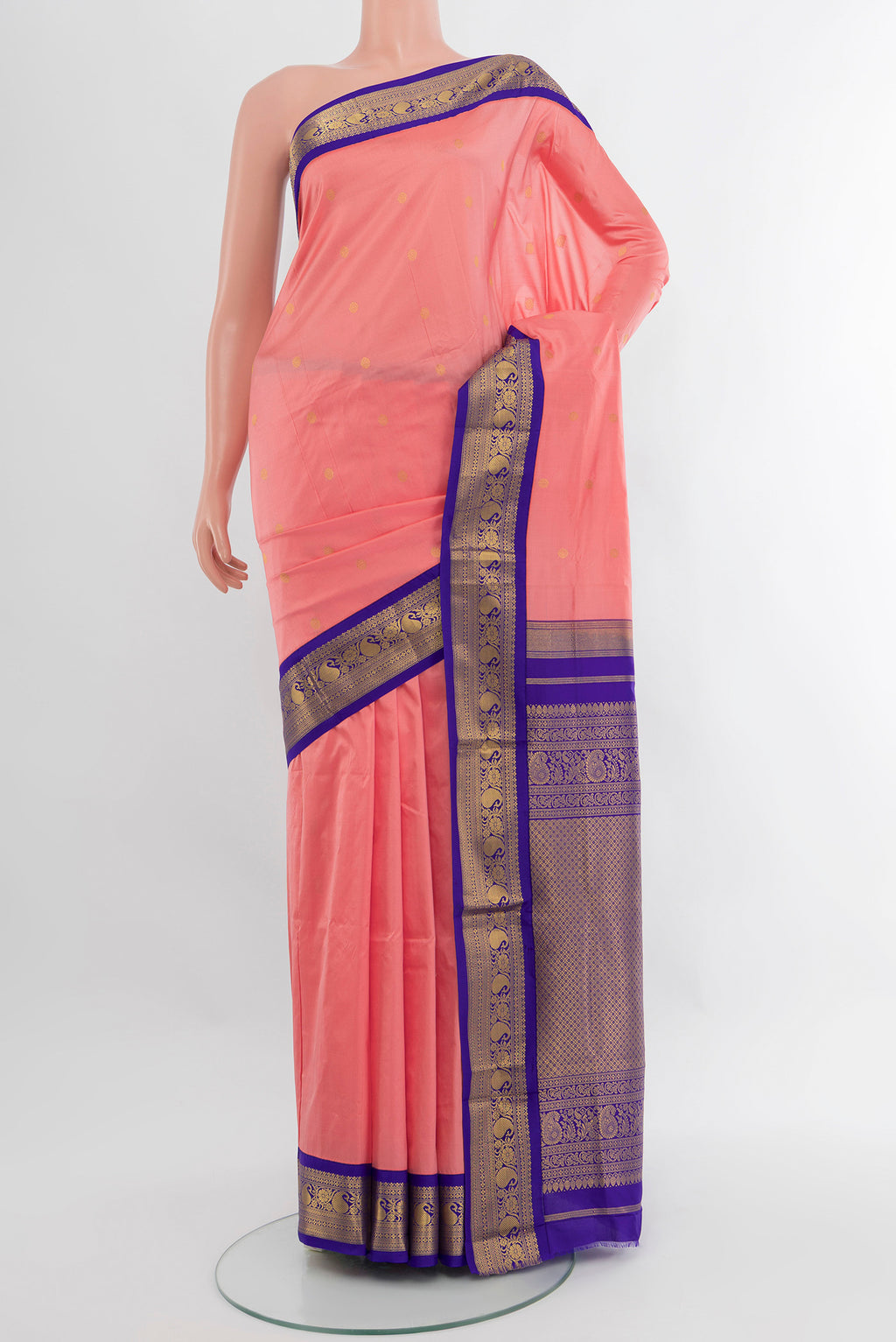 Coral Bangalore Silk - kadyal Saree with Zari Butta on the body and Zari Border.  displayed on a mannequin