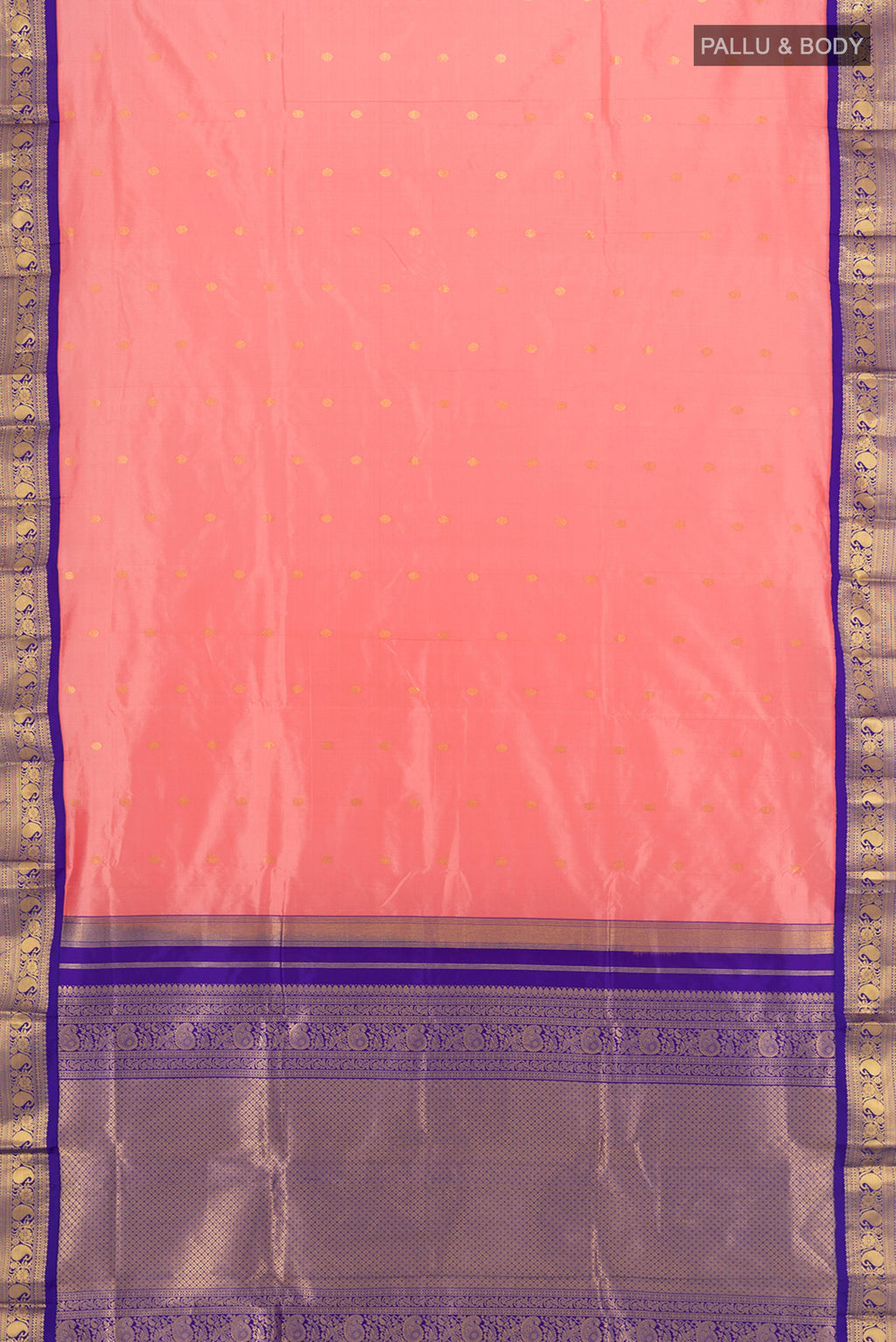 Flat view of Coral Bangalore Silk - kadyal Saree with Zari Butta on the body and Zari Border. 