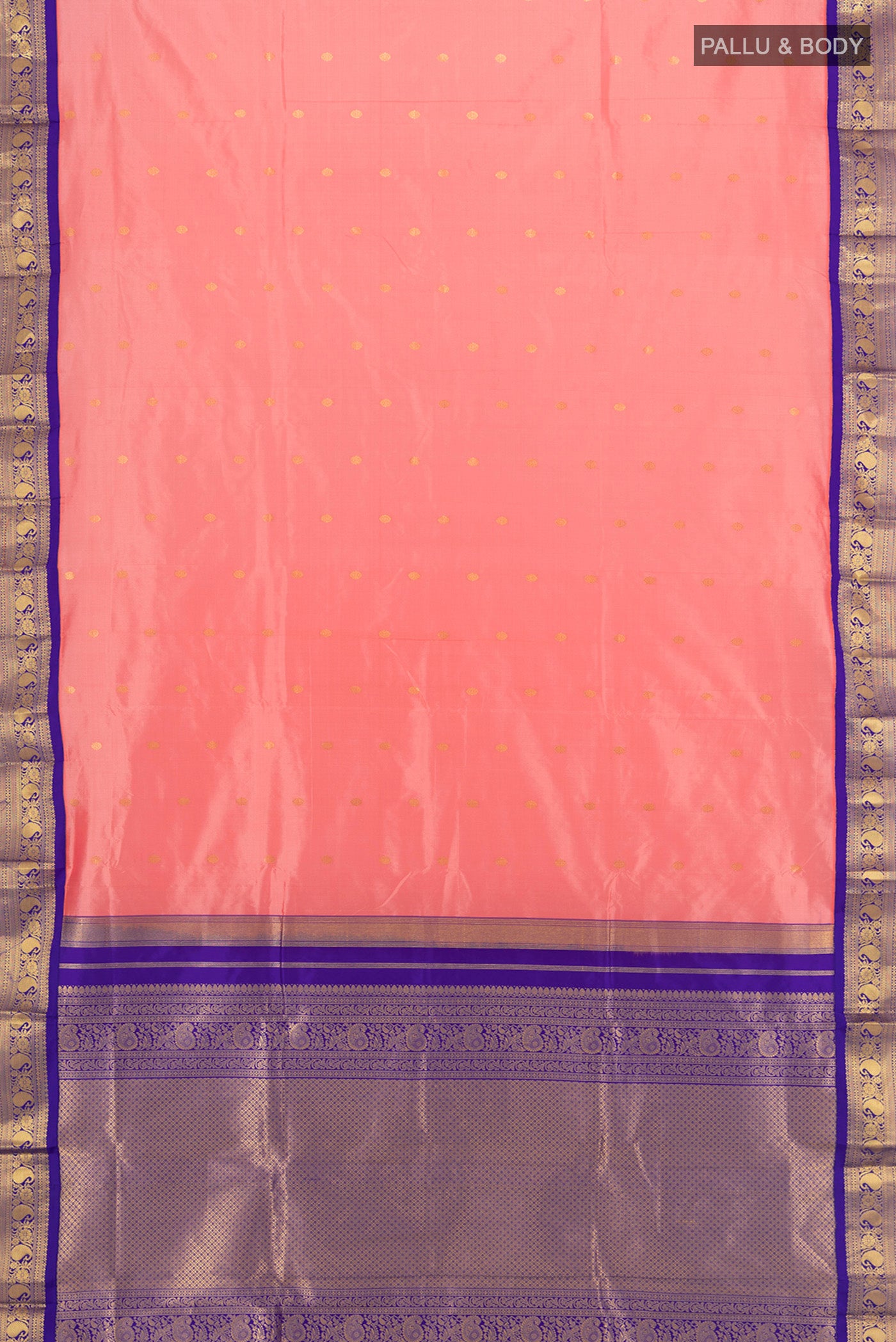 Flat view of Coral Bangalore Silk - kadyal Saree with Zari Butta on the body and Zari Border. 