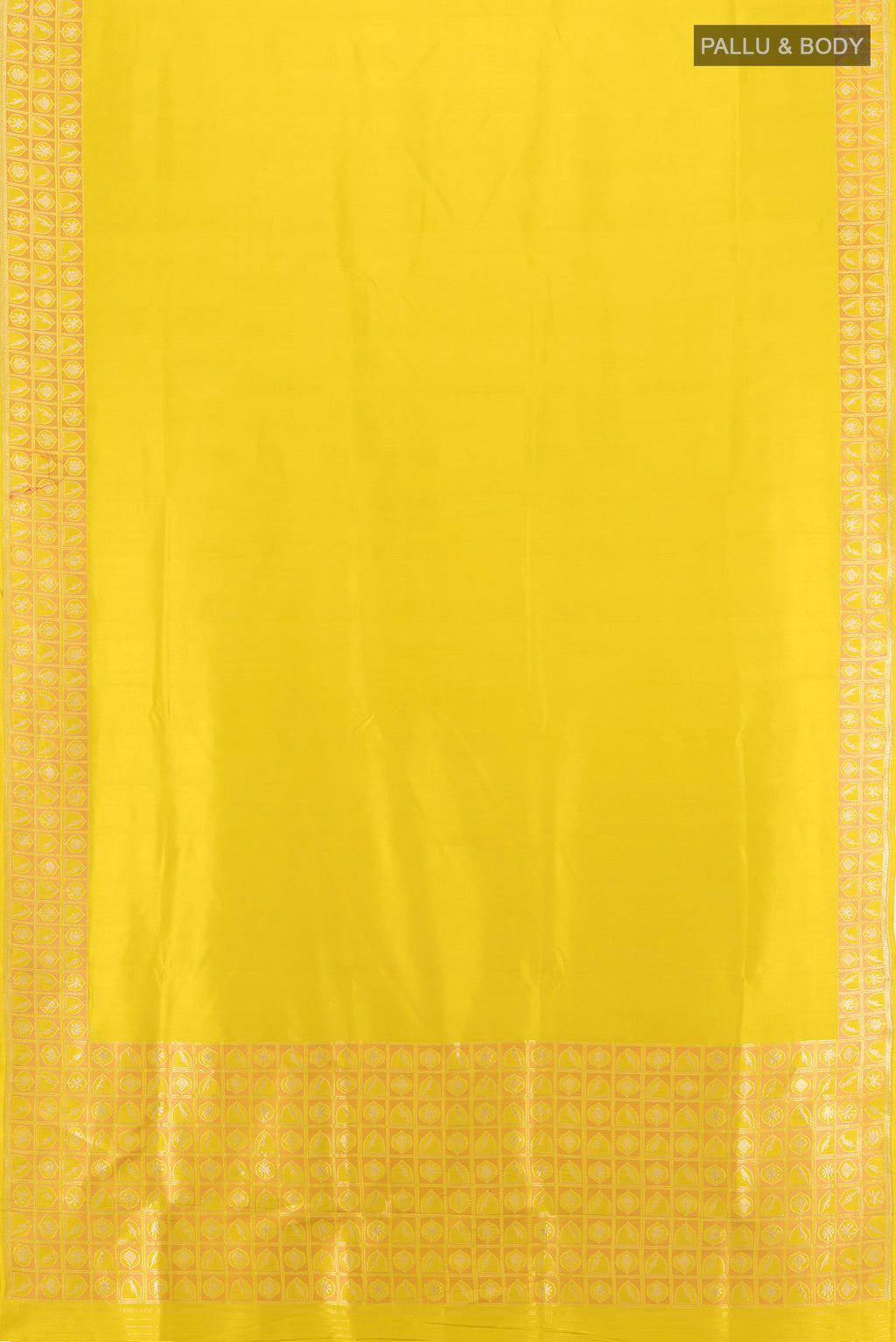 Flat view of Lemon Yellow Banarasi Silk Saree with Plain Body and Zari Border. 