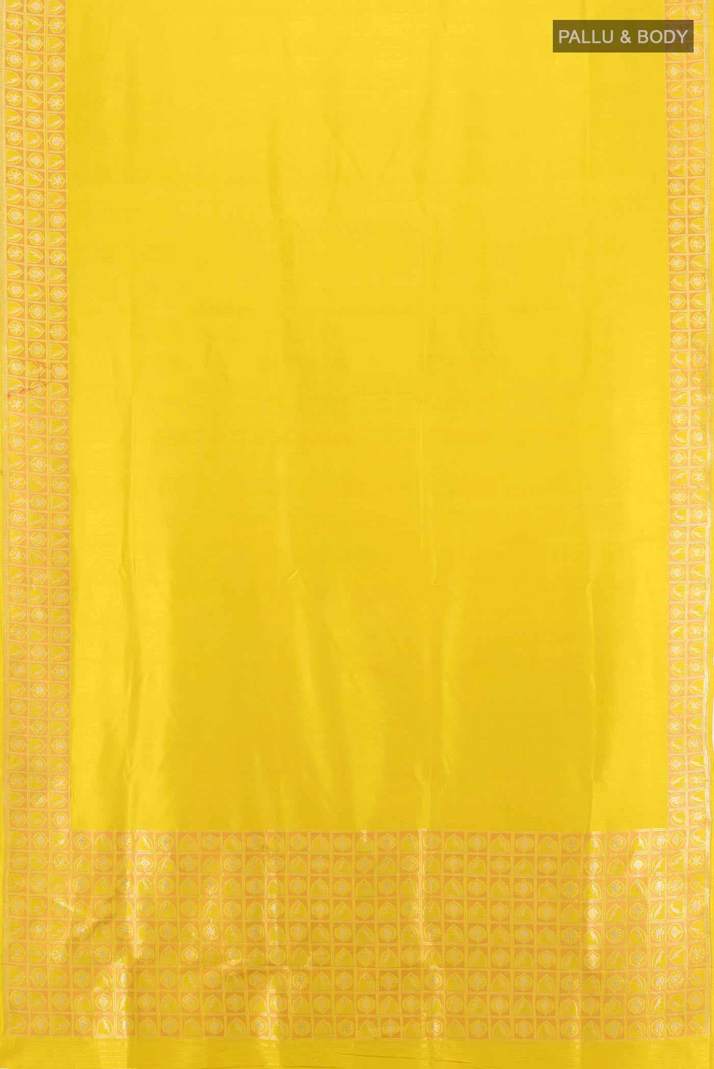 Flat view of Lemon Yellow Banarasi Silk Saree with Plain Body and Zari Border. 