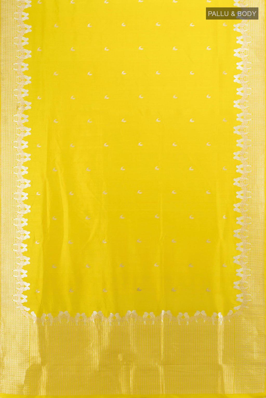 Flat view of Pure Silk Lemon Yellow Banarasi Katan Saree with Zari Butta on the body and Zari Border. 