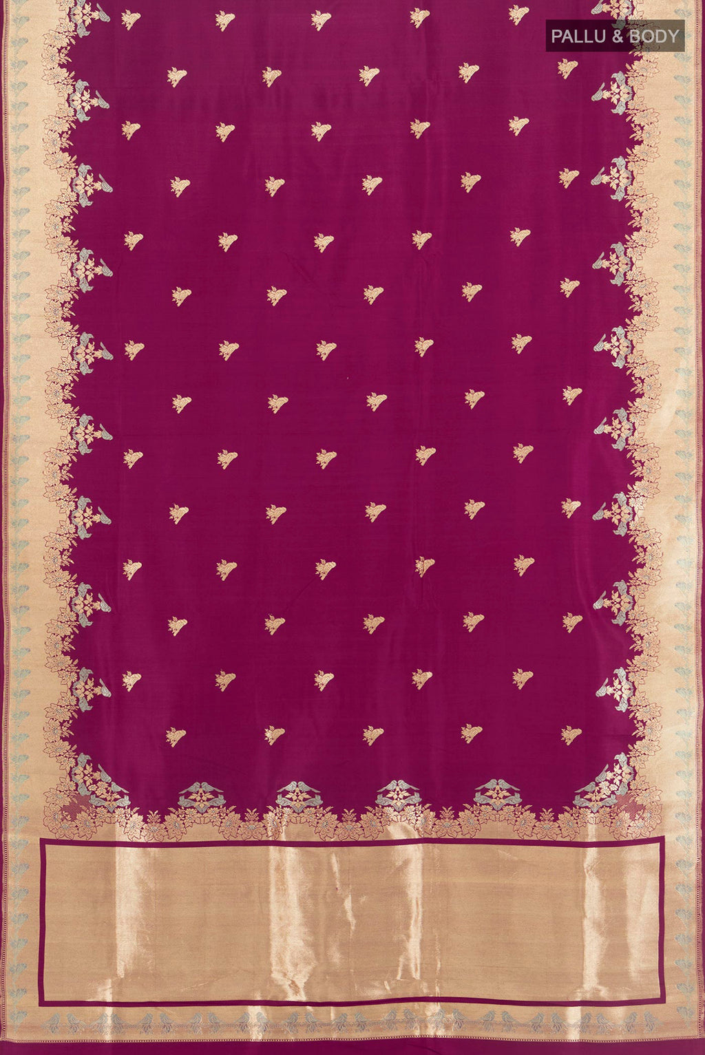 Flat view of Magenta Banarasi Silk Saree with Zari Butta on the body and Fancy Border. 
