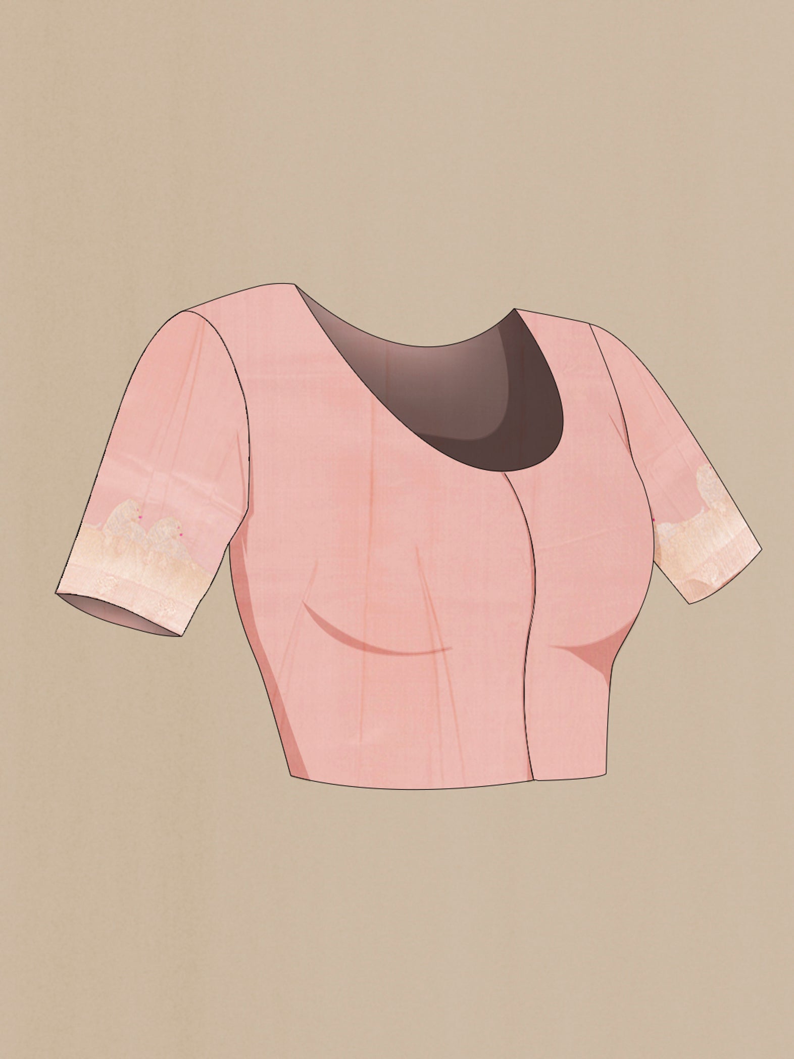 Close up image of the blouse of Rose Gold Banarasi Katan Silk Saree with Plain Body and Zari Border. 