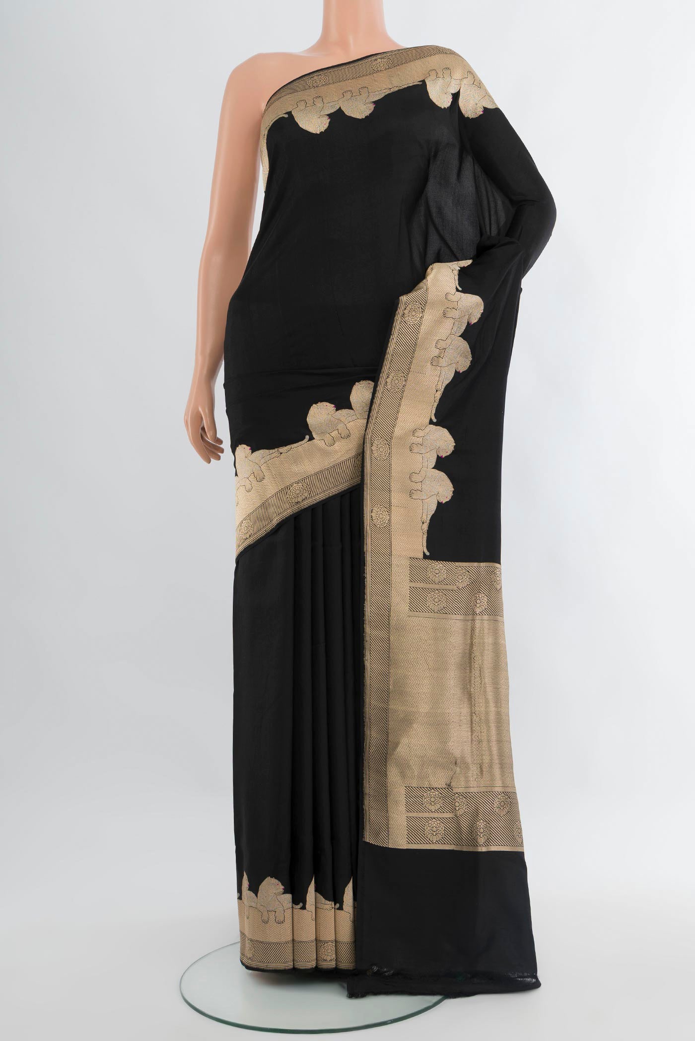 Black Banarasi Silk Saree with Plain Body and Fancy Border.  displayed on a mannequin