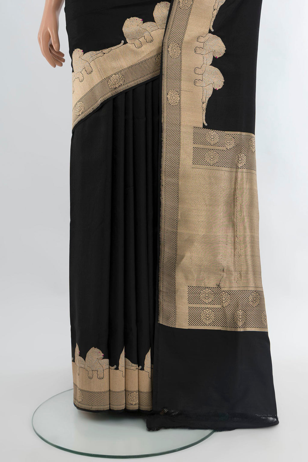 Pleats and pallu of Black Banarasi Silk Saree with Plain Body and Fancy Border. 
