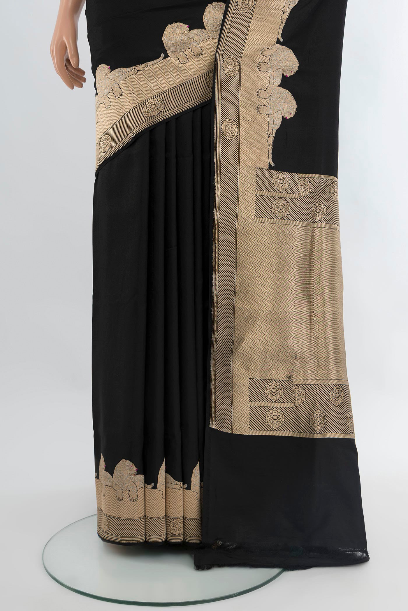 Pleats and pallu of Black Banarasi Silk Saree with Plain Body and Fancy Border. 