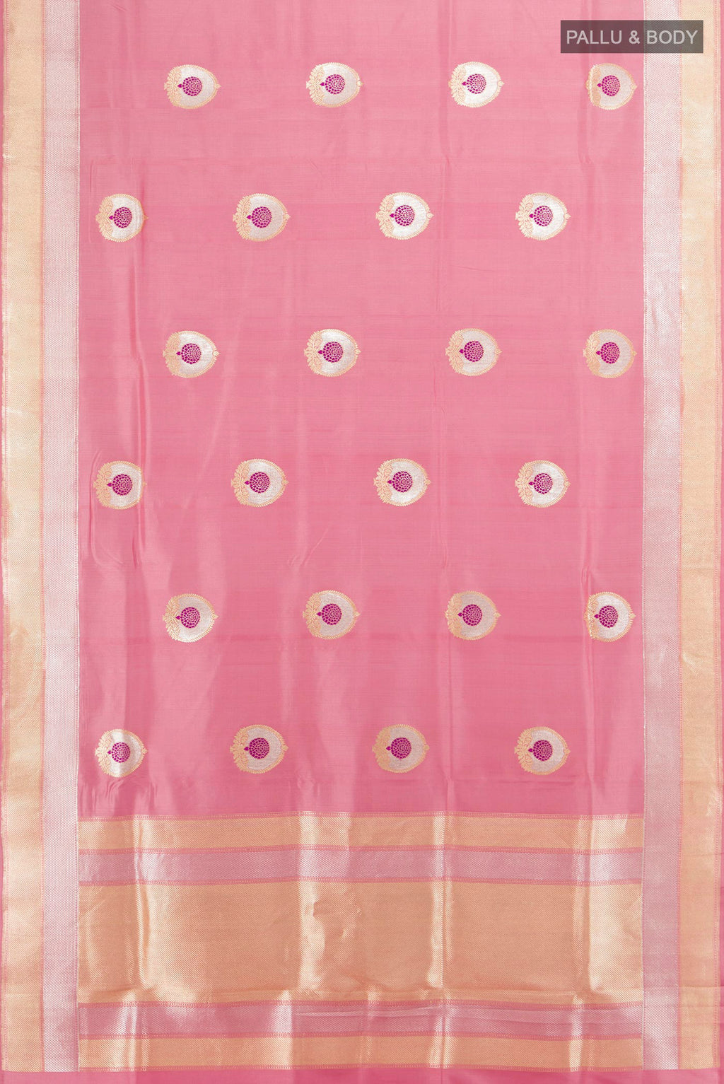 Flat view of Pure Silk Rose pink Banarasi Saree with Zari Butta on the body and Zari Border. 
