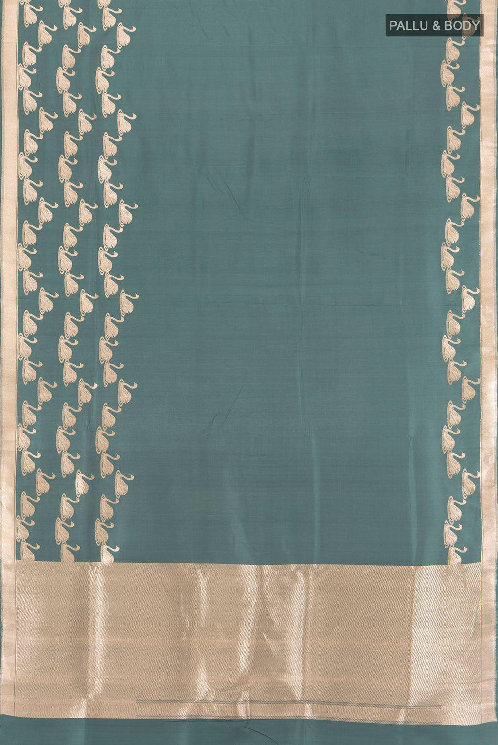 Flat view of Grey Banarasi Silk Saree with Plain Body and Zari Border. 