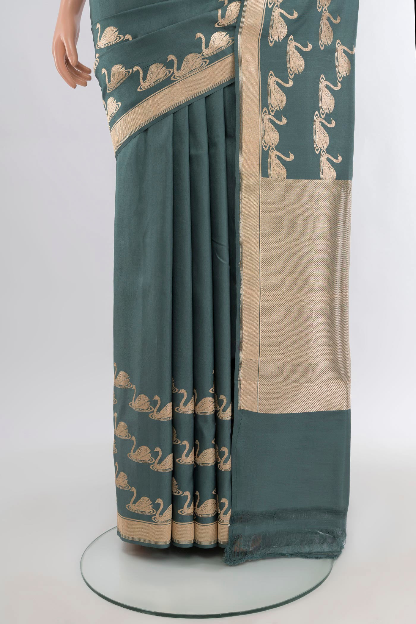 Pleats and pallu of Grey Banarasi Silk Saree with Plain Body and Zari Border. 