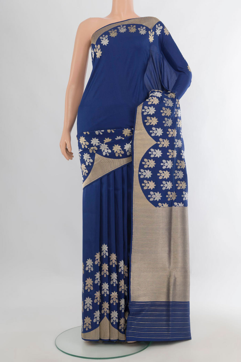 Pure Silk Navy Blue Banarasi Saree with Plain Body and Fancy Border.  displayed on a mannequin