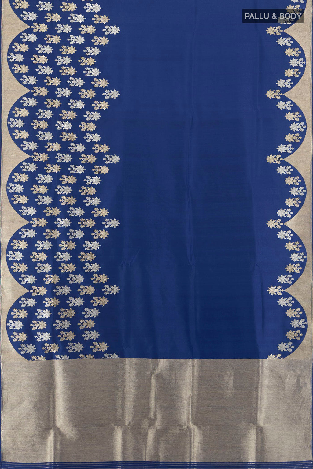 Flat view of Pure Silk Navy Blue Banarasi Saree with Plain Body and Fancy Border. 