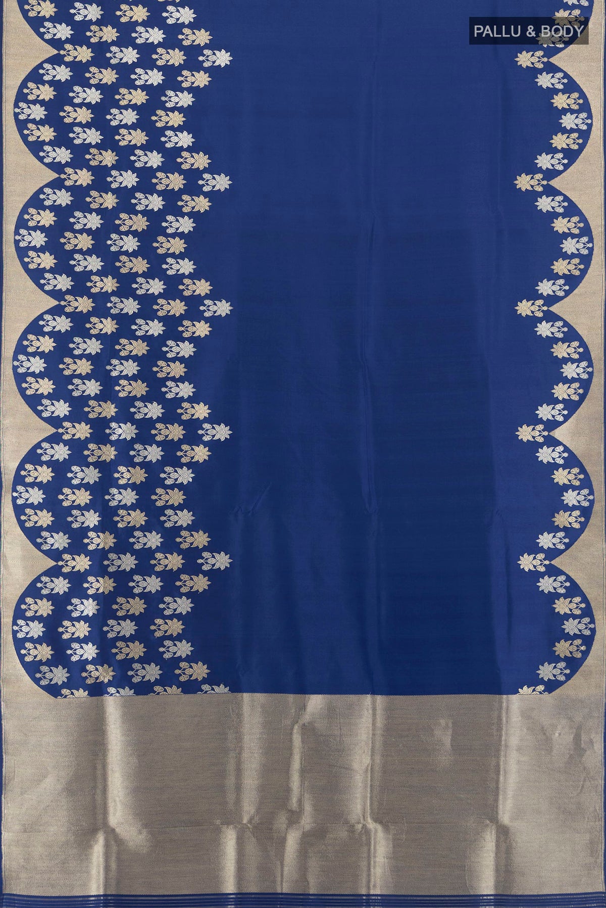 Flat view of Pure Silk Navy Blue Banarasi Saree with Plain Body and Fancy Border. 