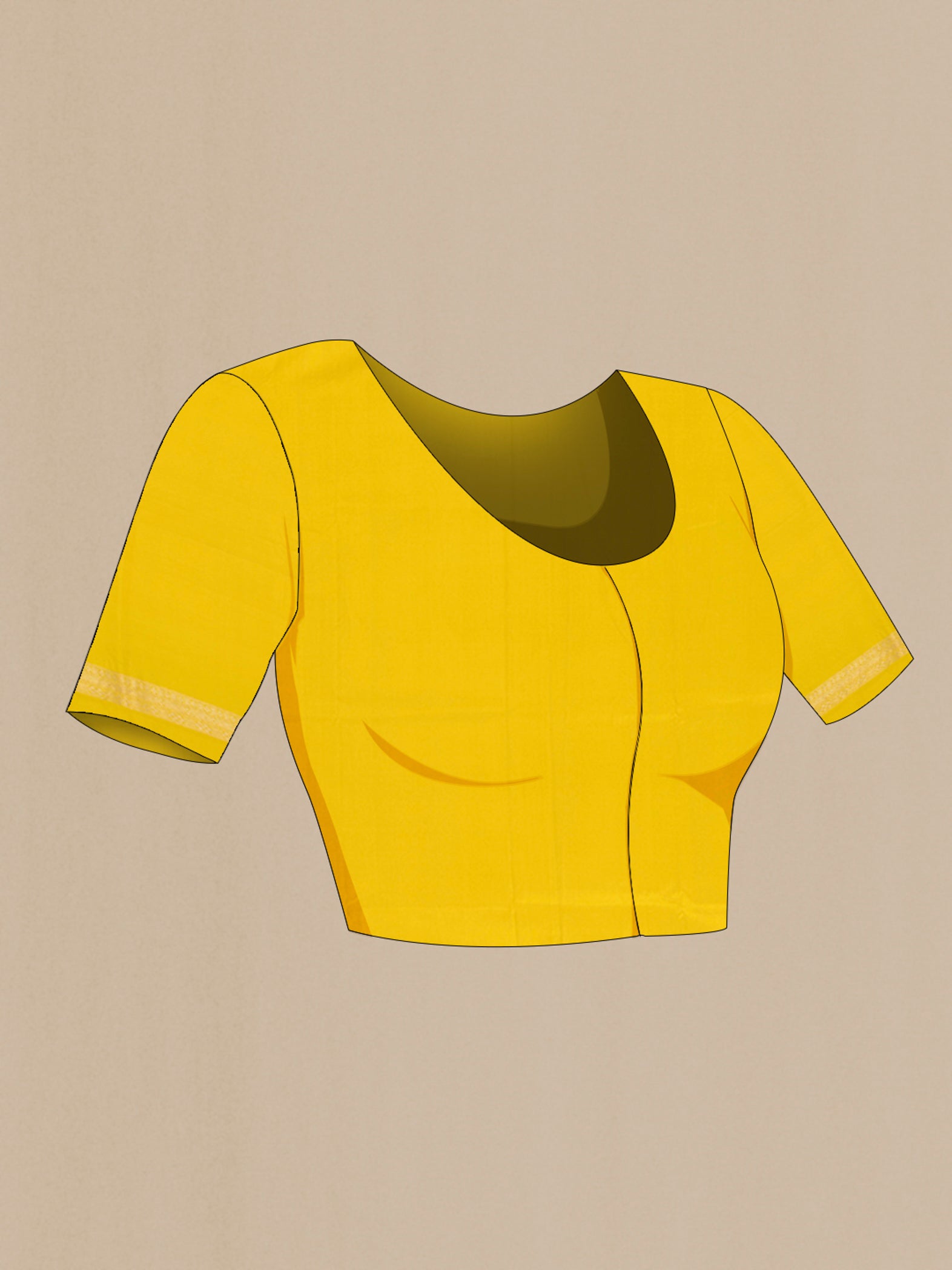 Close up image of the blouse of Lemon Yellow Banarasi Silk Saree with Plain Body and Fancy Border. 