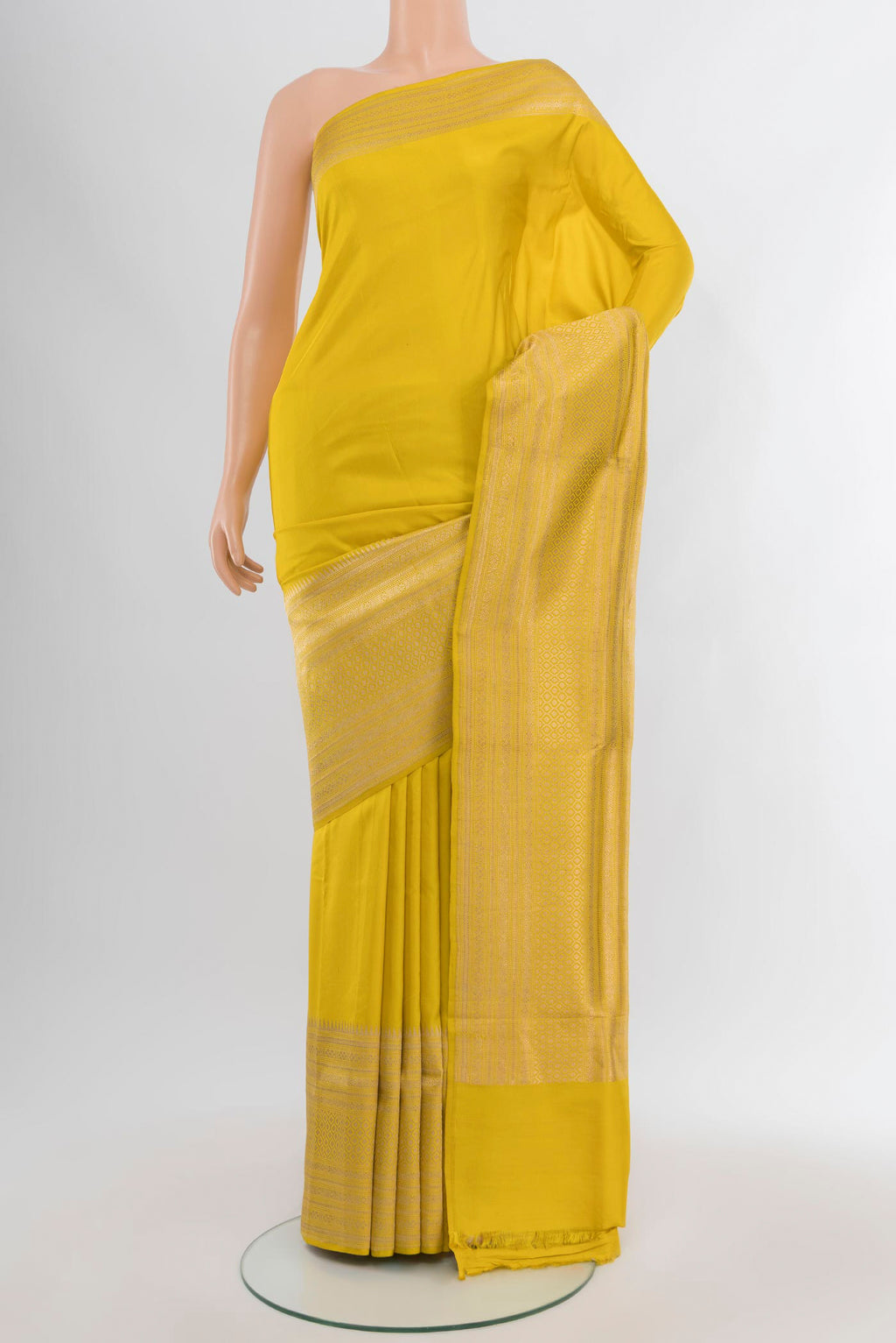 Lemon Yellow Banarasi Silk Saree with Plain Body and Fancy Border.  displayed on a mannequin