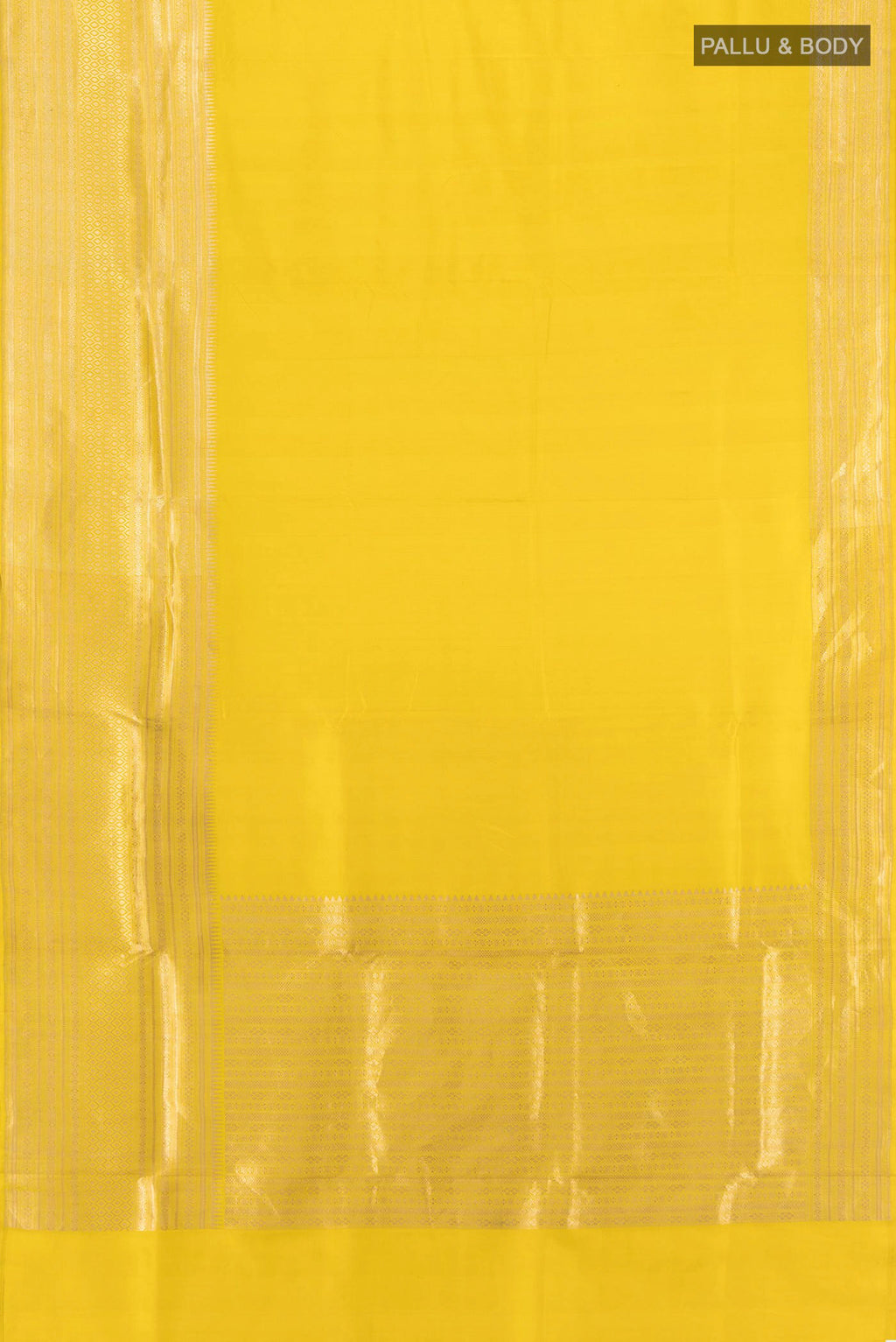Flat view of Lemon Yellow Banarasi Silk Saree with Plain Body and Fancy Border. 