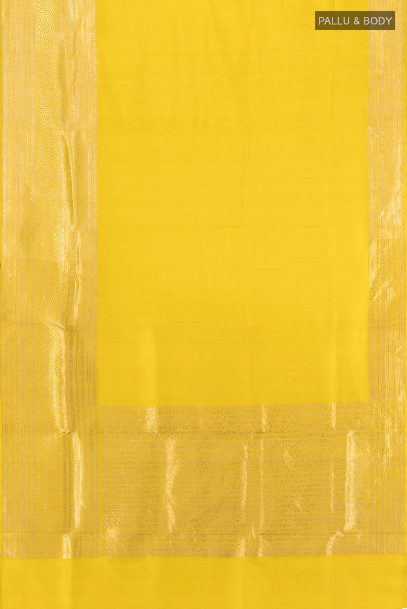 Flat view of Lemon Yellow Banarasi Silk Saree with Plain Body and Fancy Border. 