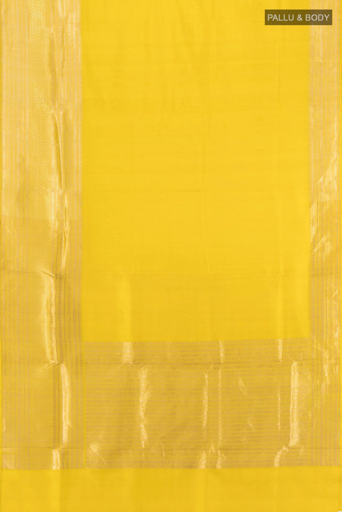 Flat view of Lemon Yellow Banarasi Silk Saree with Plain Body and Fancy Border. 