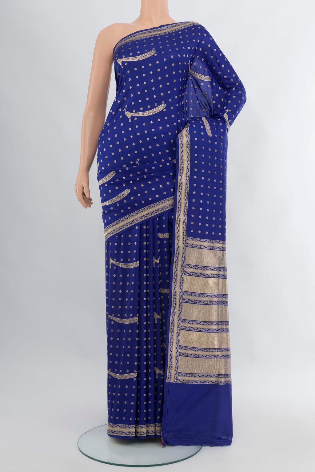 Royal Blue Banarasi Silk Saree with Zari Butta on the body and Zari Border.  displayed on a mannequin
