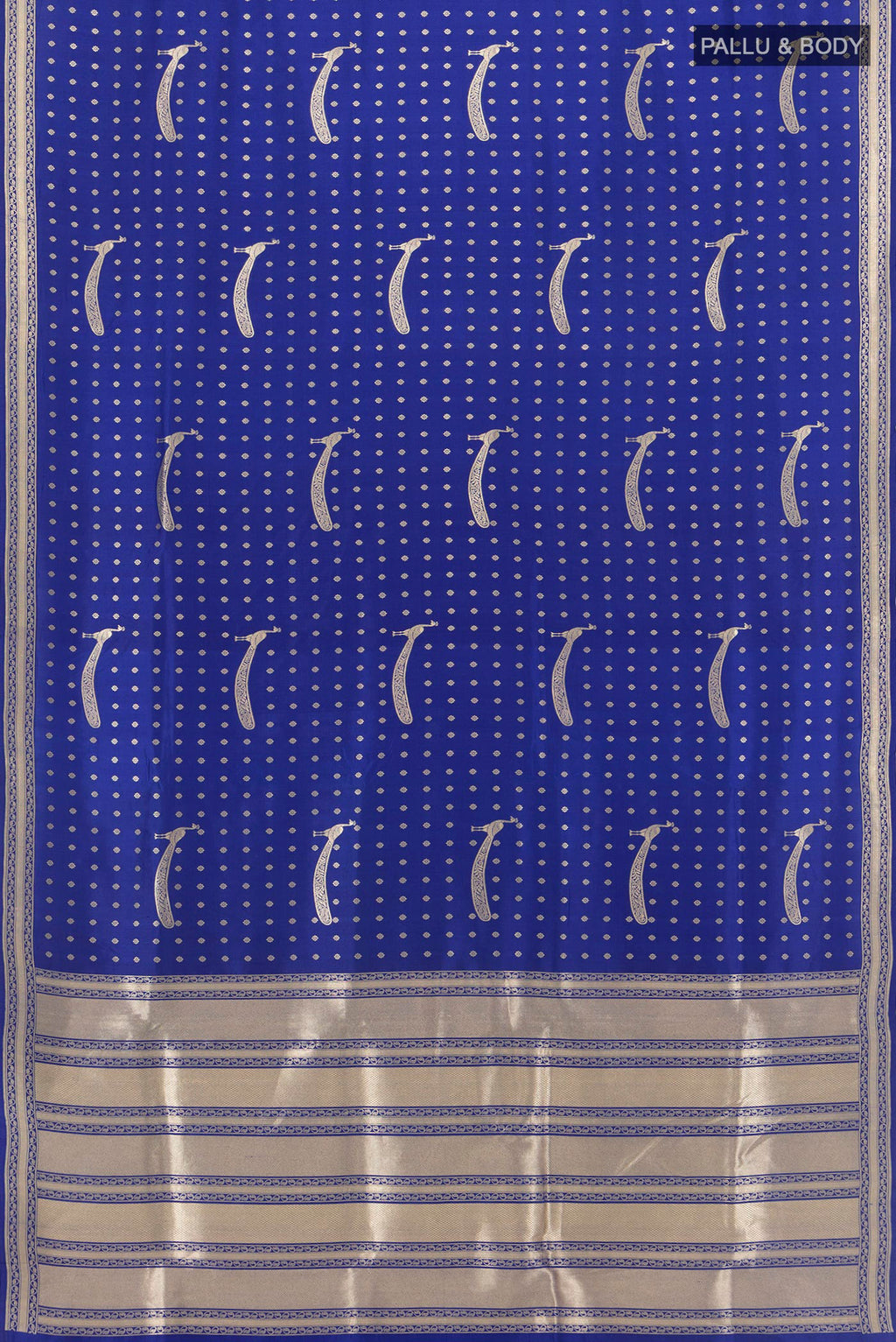 Flat view of Royal Blue Banarasi Silk Saree with Zari Butta on the body and Zari Border. 