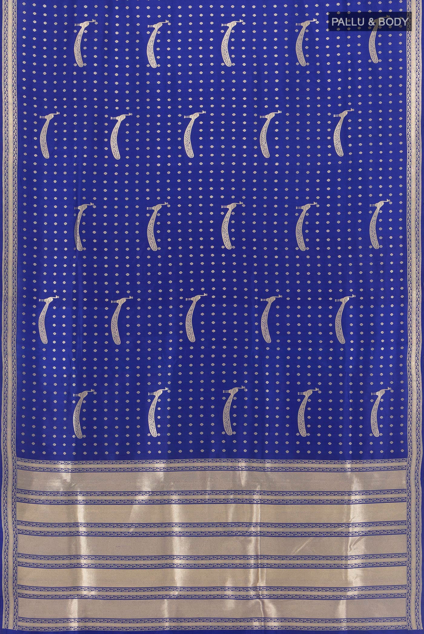 Flat view of Royal Blue Banarasi Silk Saree with Zari Butta on the body and Zari Border. 