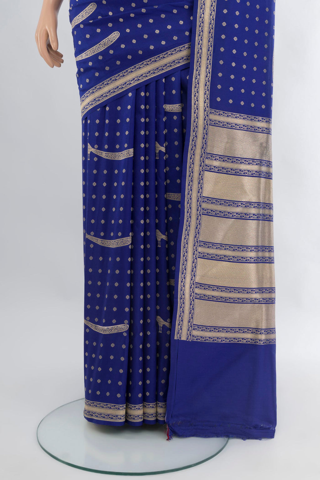 Pleats and pallu of Royal Blue Banarasi Silk Saree with Zari Butta on the body and Zari Border. 