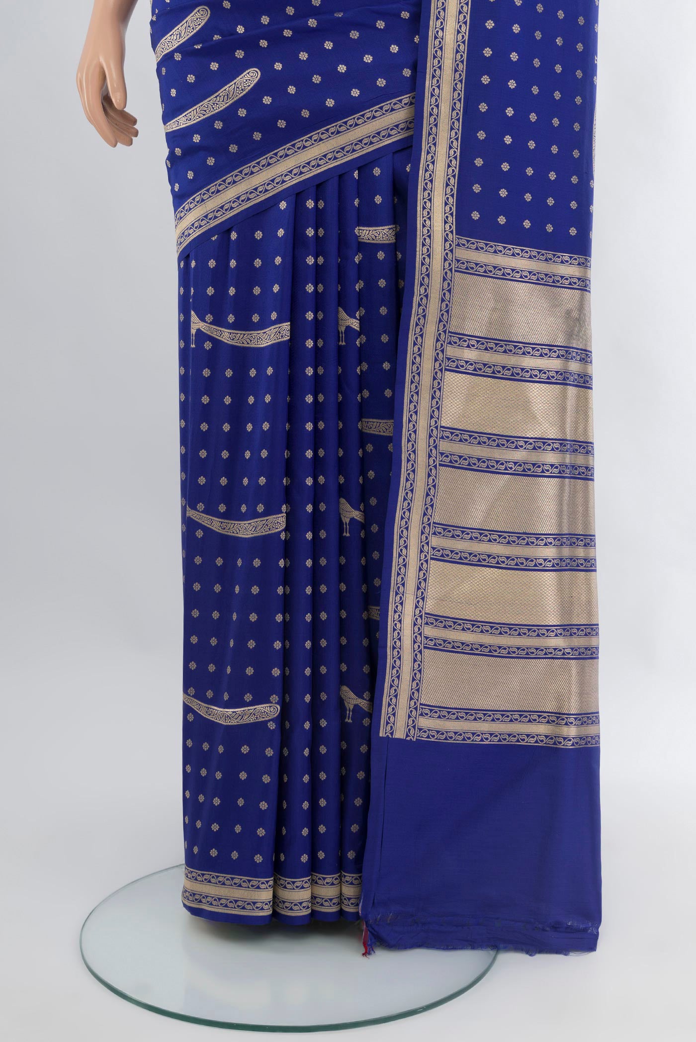 Pleats and pallu of Royal Blue Banarasi Silk Saree with Zari Butta on the body and Zari Border. 