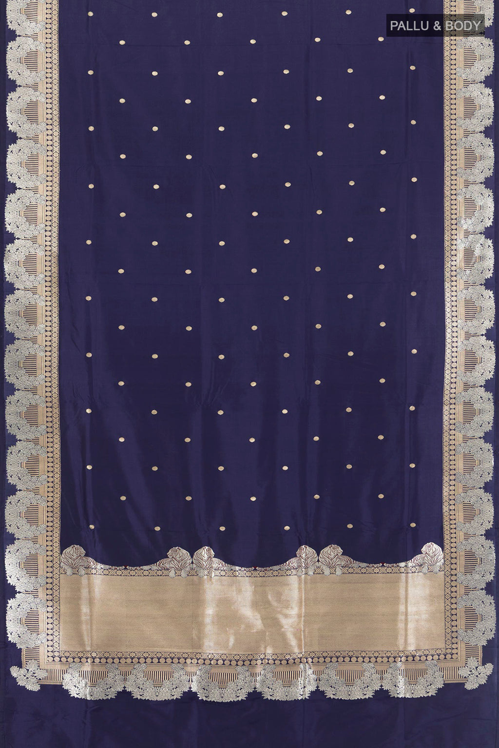Flat view of Navy Blue Banarasi Katan Silk Saree with Plain Body and Zari Border. 