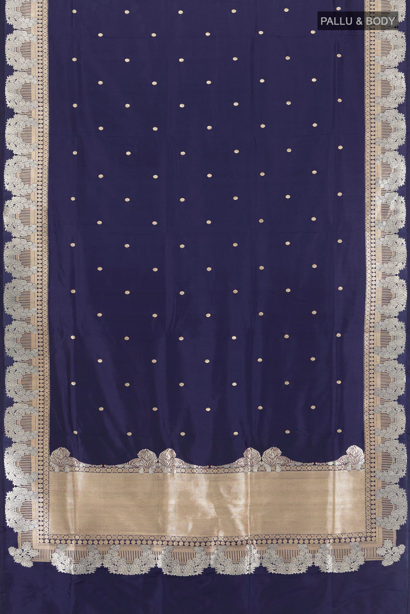 Flat view of Navy Blue Banarasi Katan Silk Saree with Plain Body and Zari Border. 