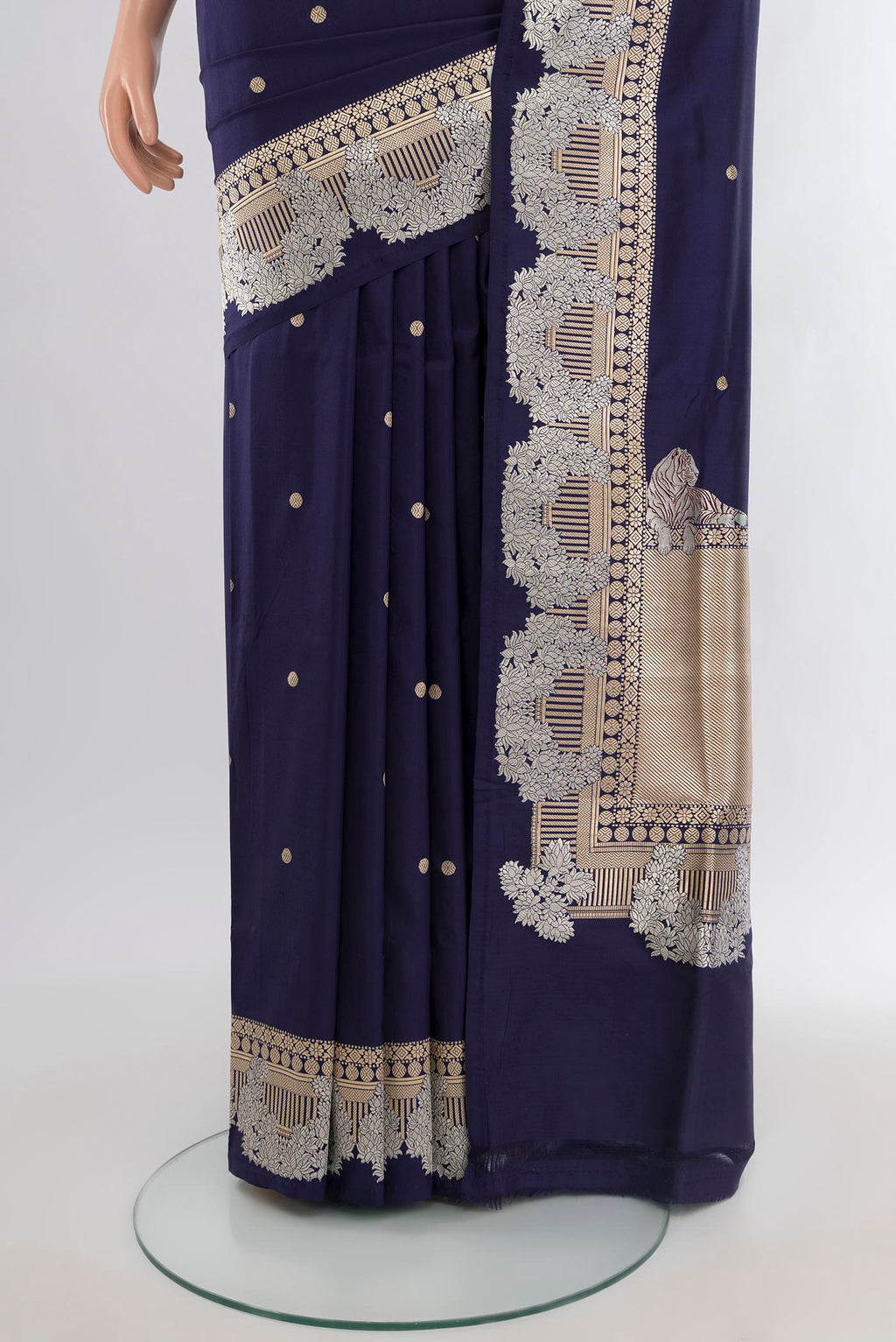 Pleats and pallu of Navy Blue Banarasi Katan Silk Saree with Plain Body and Zari Border. 