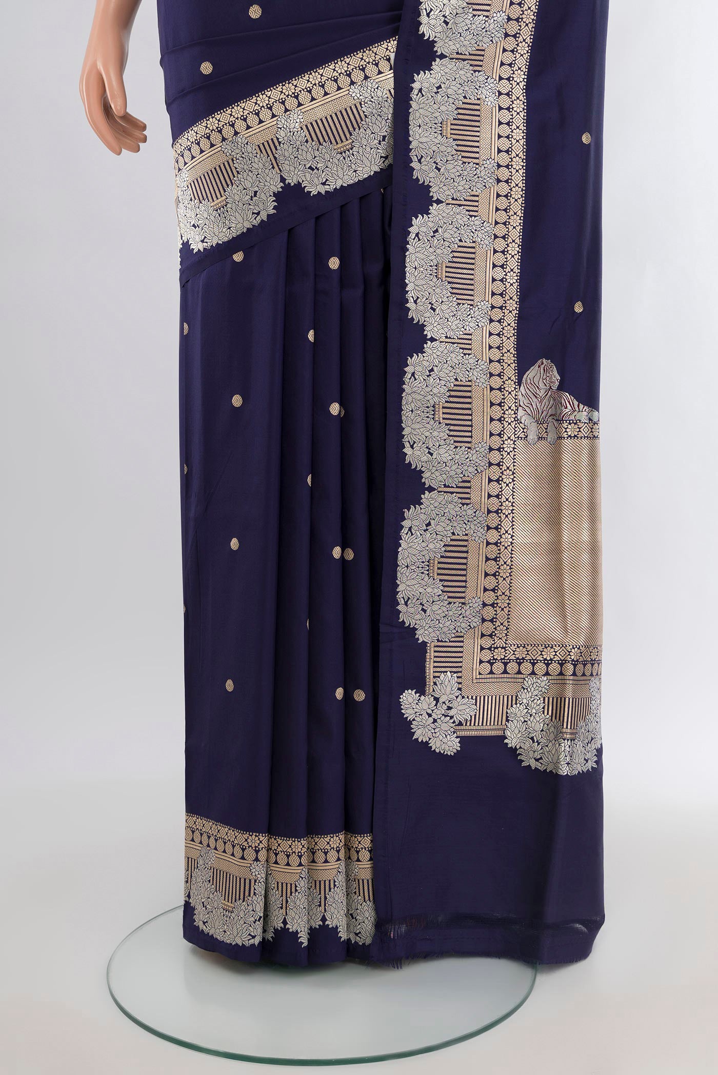 Pleats and pallu of Navy Blue Banarasi Katan Silk Saree with Plain Body and Zari Border. 