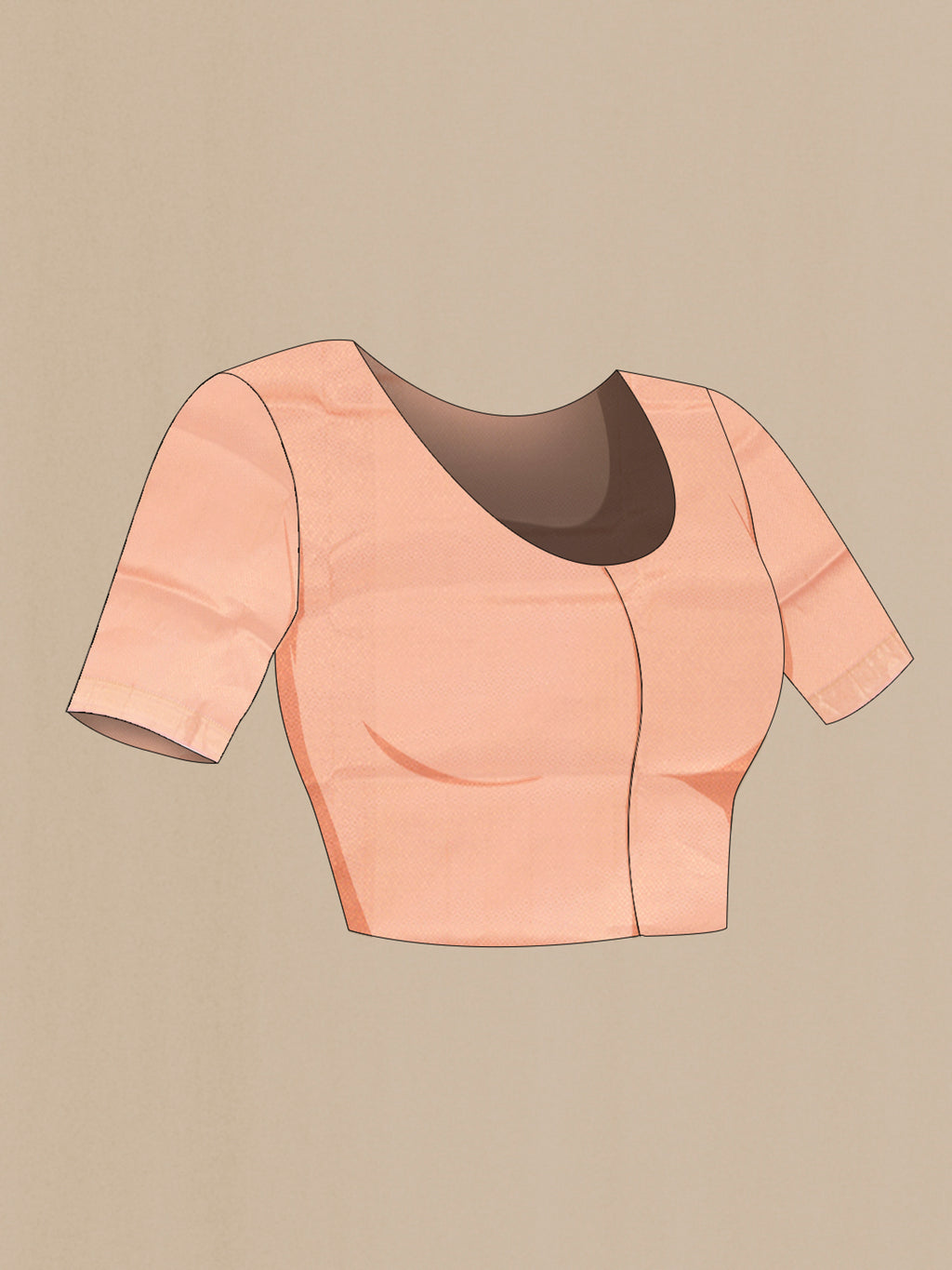 Close up image of the blouse of Peach Soft Silk Nine Yards Saree with Zari Butta on the body and Zari Border. 
