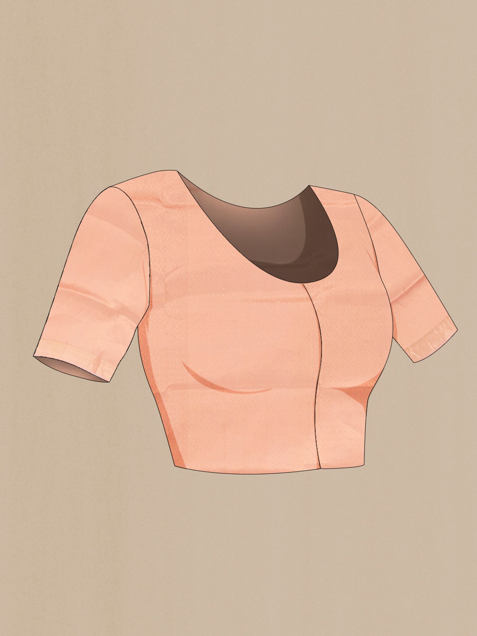 Close up image of the blouse of Peach Soft Silk Nine Yards Saree with Zari Butta on the body and Zari Border. 