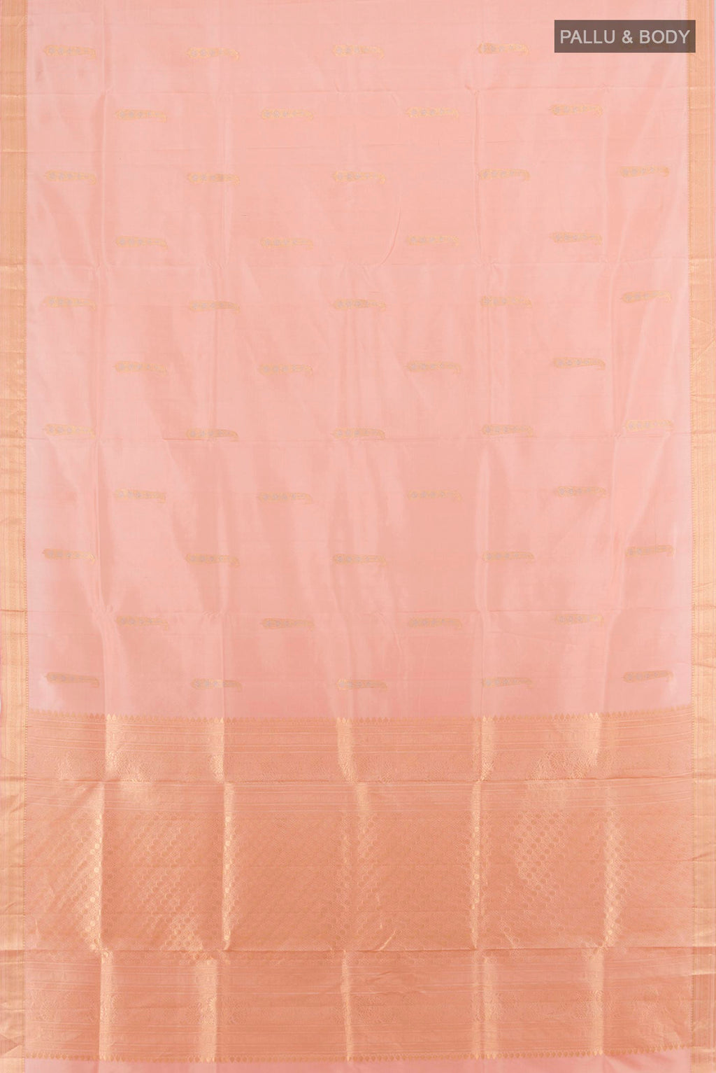 Flat view of Peach Soft Silk Nine Yards Saree with Zari Butta on the body and Zari Border. 