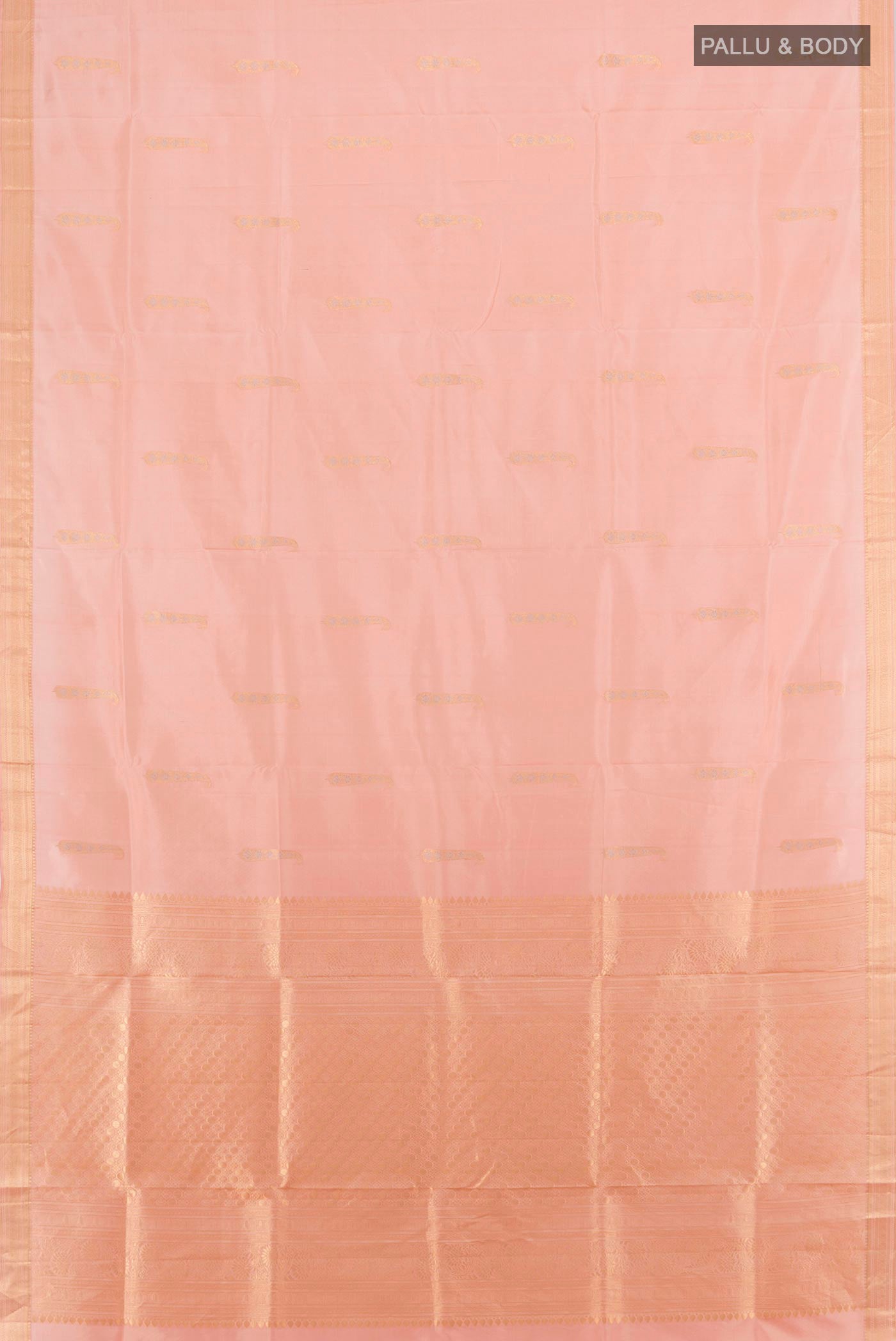 Flat view of Peach Soft Silk Nine Yards Saree with Zari Butta on the body and Zari Border. 