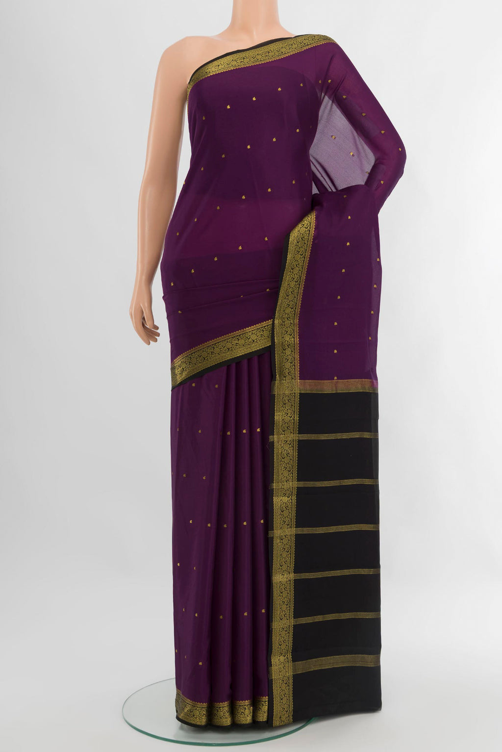 Purple Mysore Crepe Saree with Zari Butta on the body and Zari Border.  displayed on a mannequin