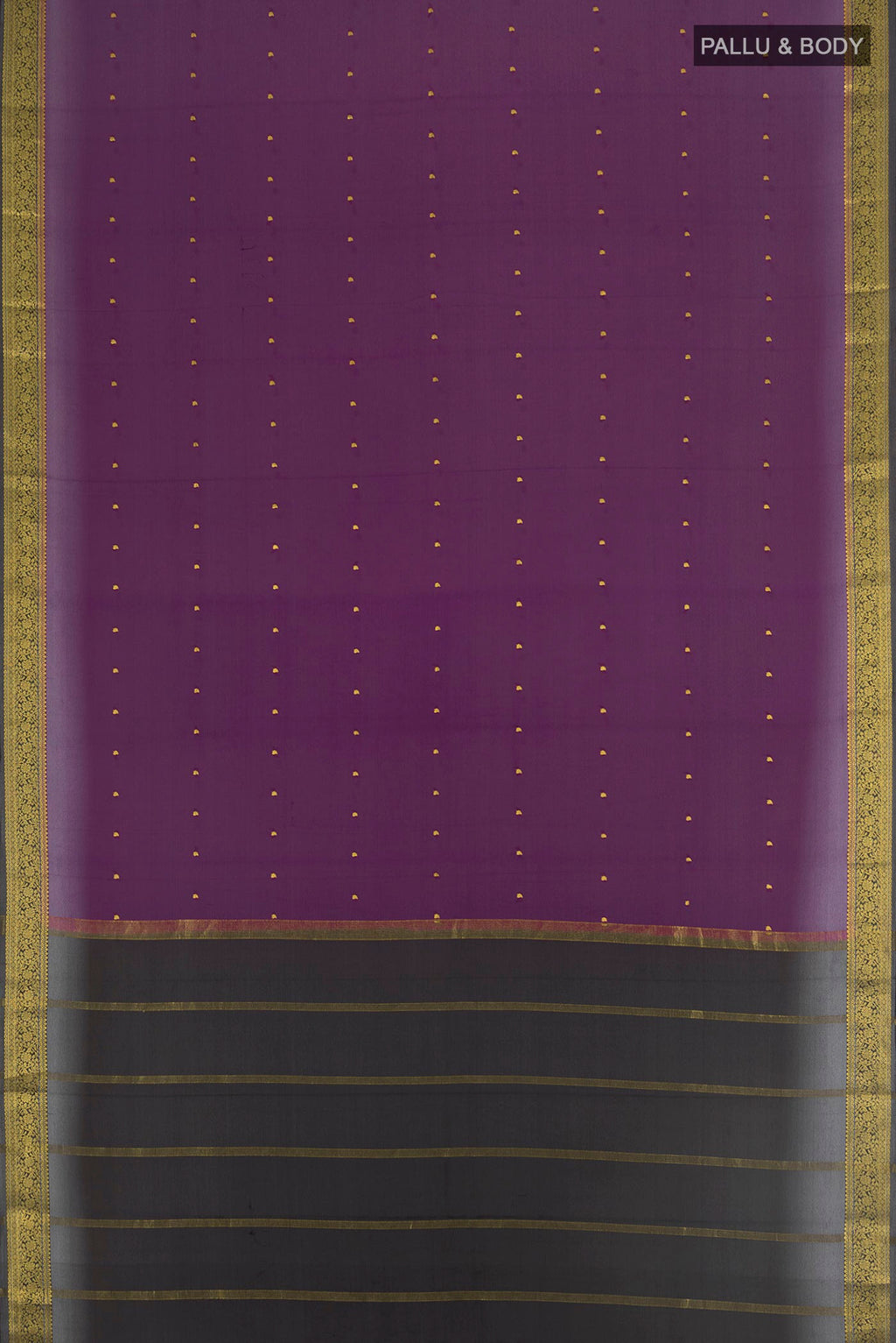 Flat view of Purple Mysore Crepe Saree with Zari Butta on the body and Zari Border. 