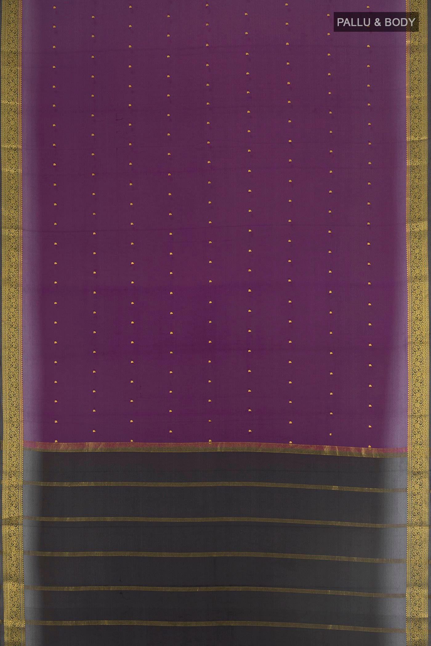 Flat view of Purple Mysore Crepe Saree with Zari Butta on the body and Zari Border. 