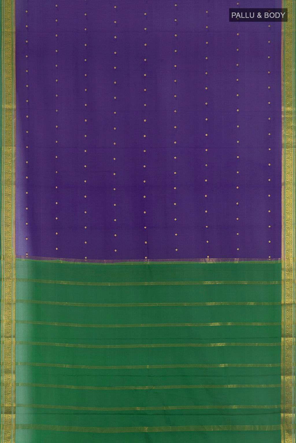 Flat view of Dark Blue Mysore Crepe Saree with Zari Butta on the body and Zari Border. 