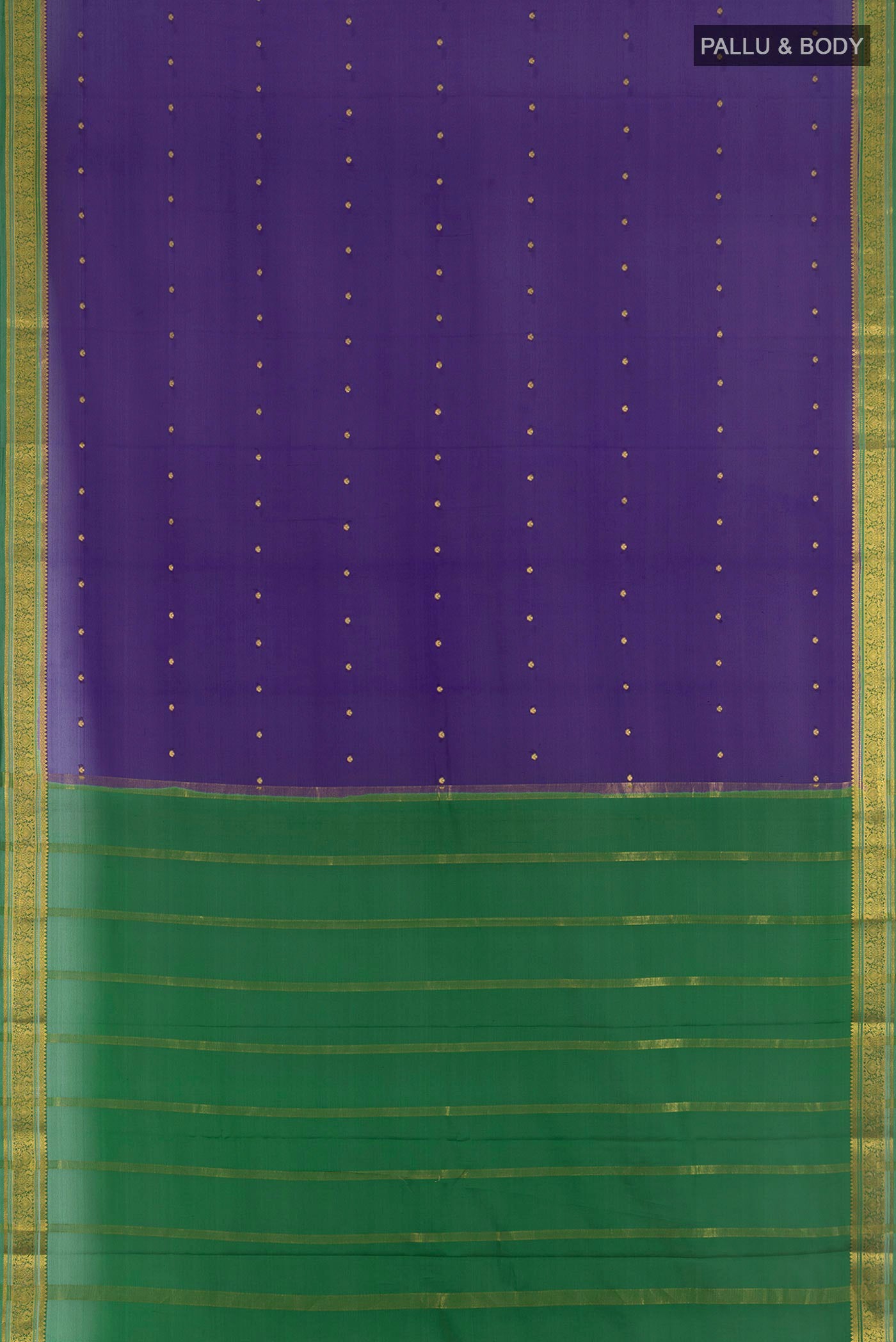 Flat view of Dark Blue Mysore Crepe Saree with Zari Butta on the body and Zari Border. 