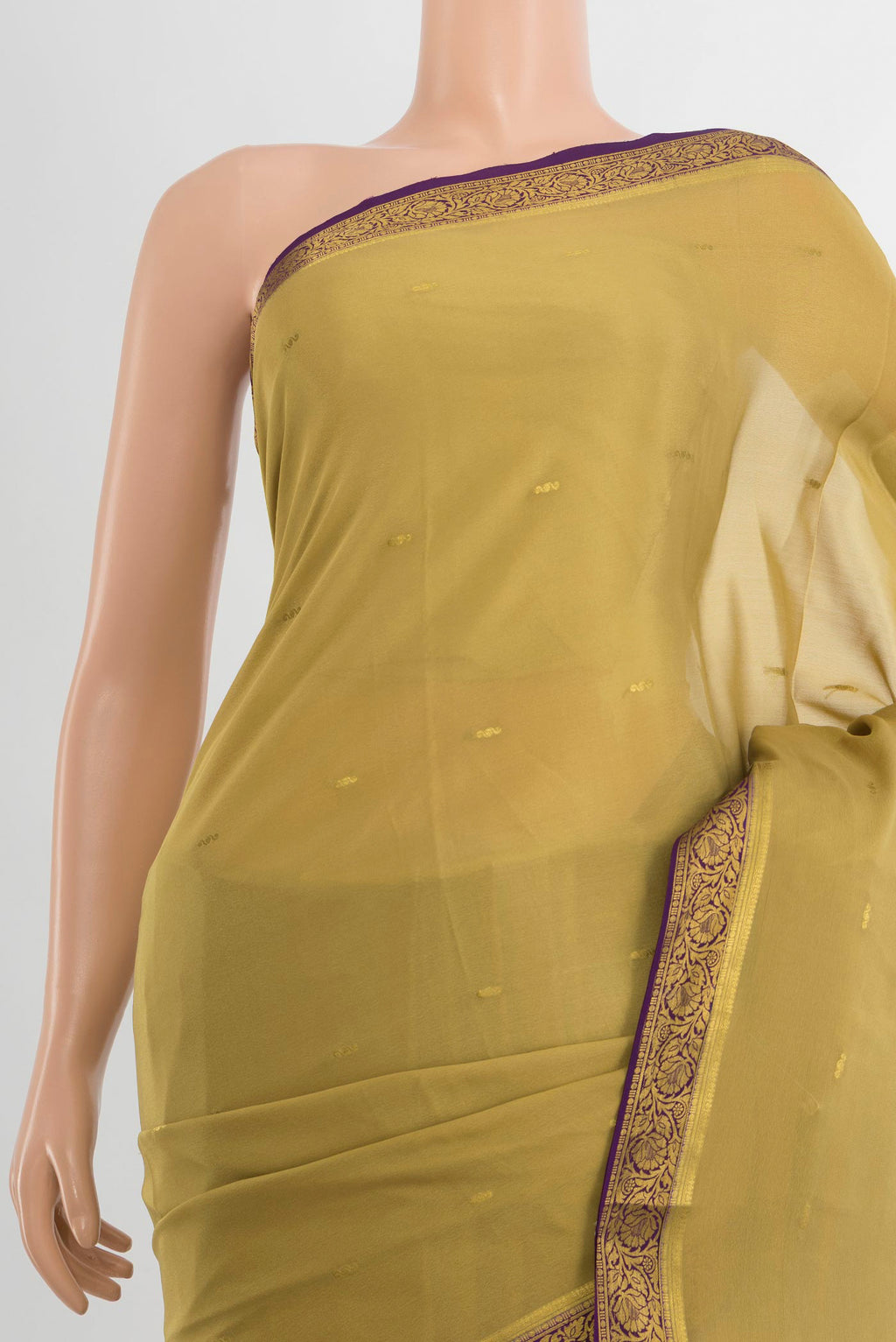 Border image of Mehandi Green Mysore Crepe Saree with Zari Butta on the body and Silk Border. 