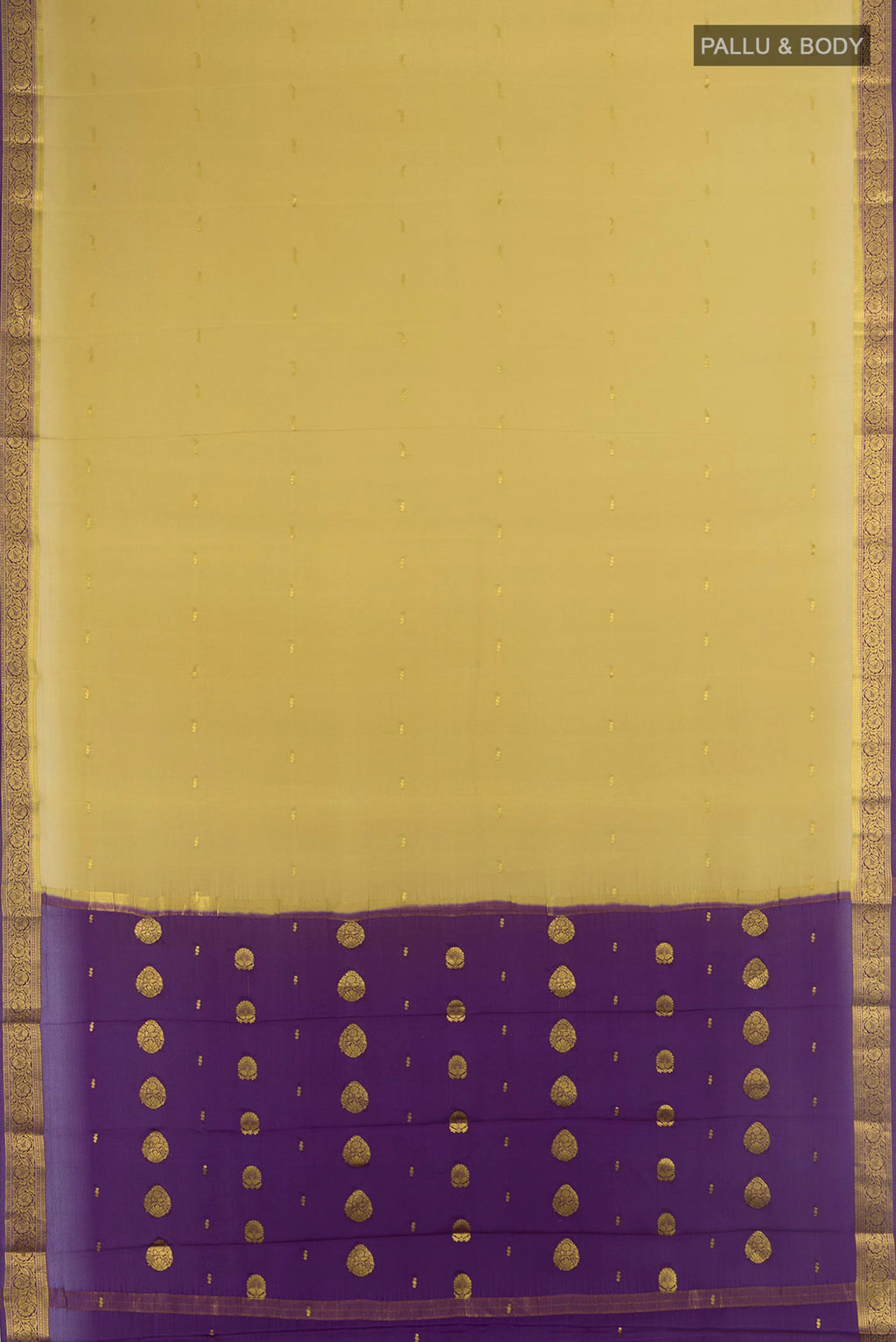 Flat view of Mehandi Green Mysore Crepe Saree with Zari Butta on the body and Silk Border. 
