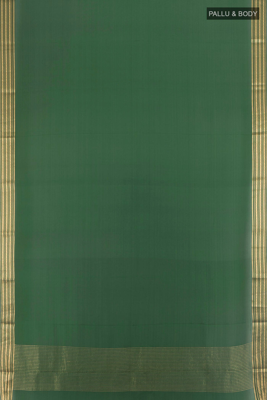 Flat view of Bottle Green Mysore Crepe Saree with Plain Body and Zari Border. 