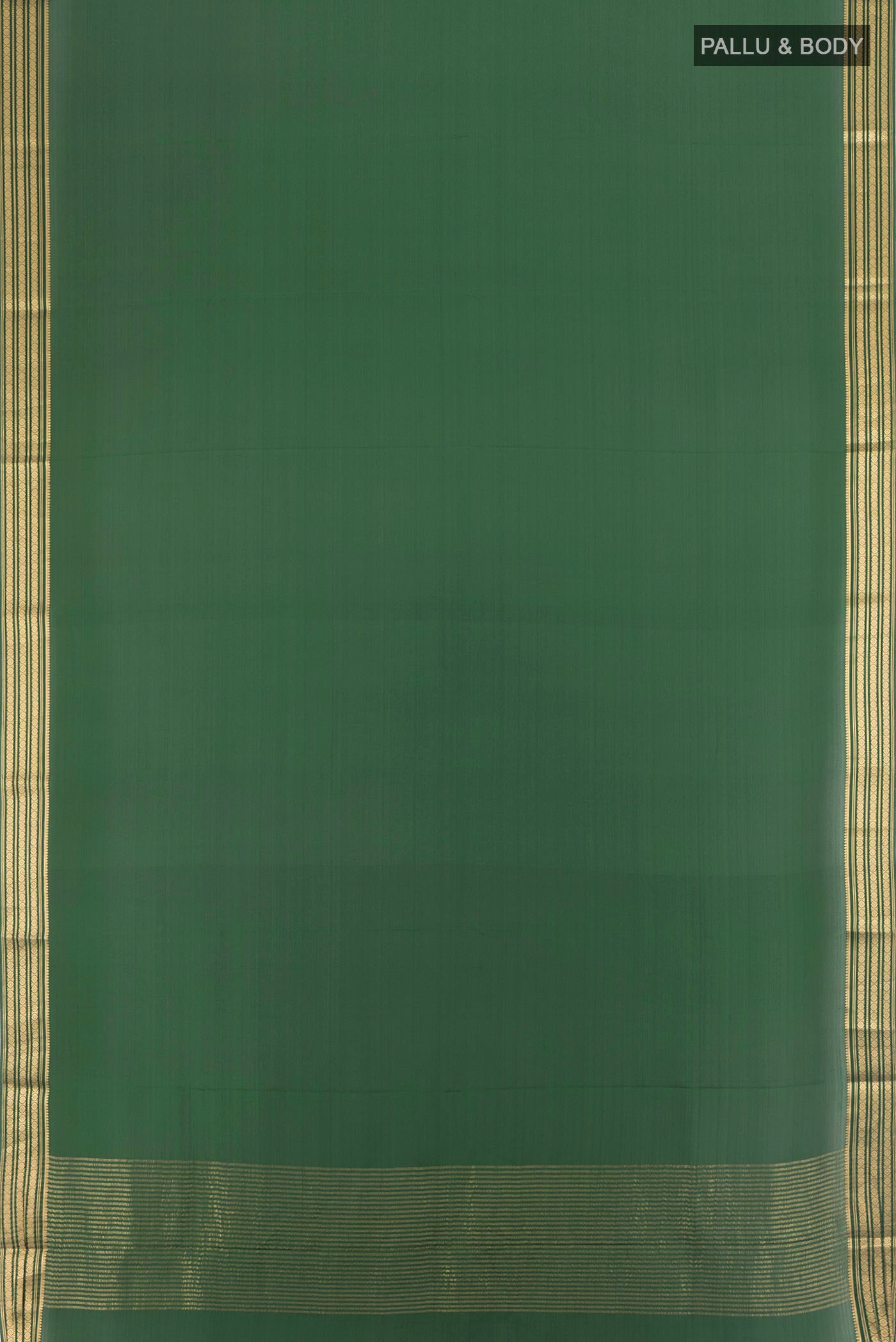 Flat view of Bottle Green Mysore Crepe Saree with Plain Body and Zari Border. 