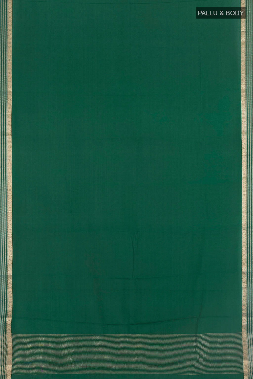 Flat view of Bottle Green Mysore Crepe Saree with Plain Body and Zari Border. 