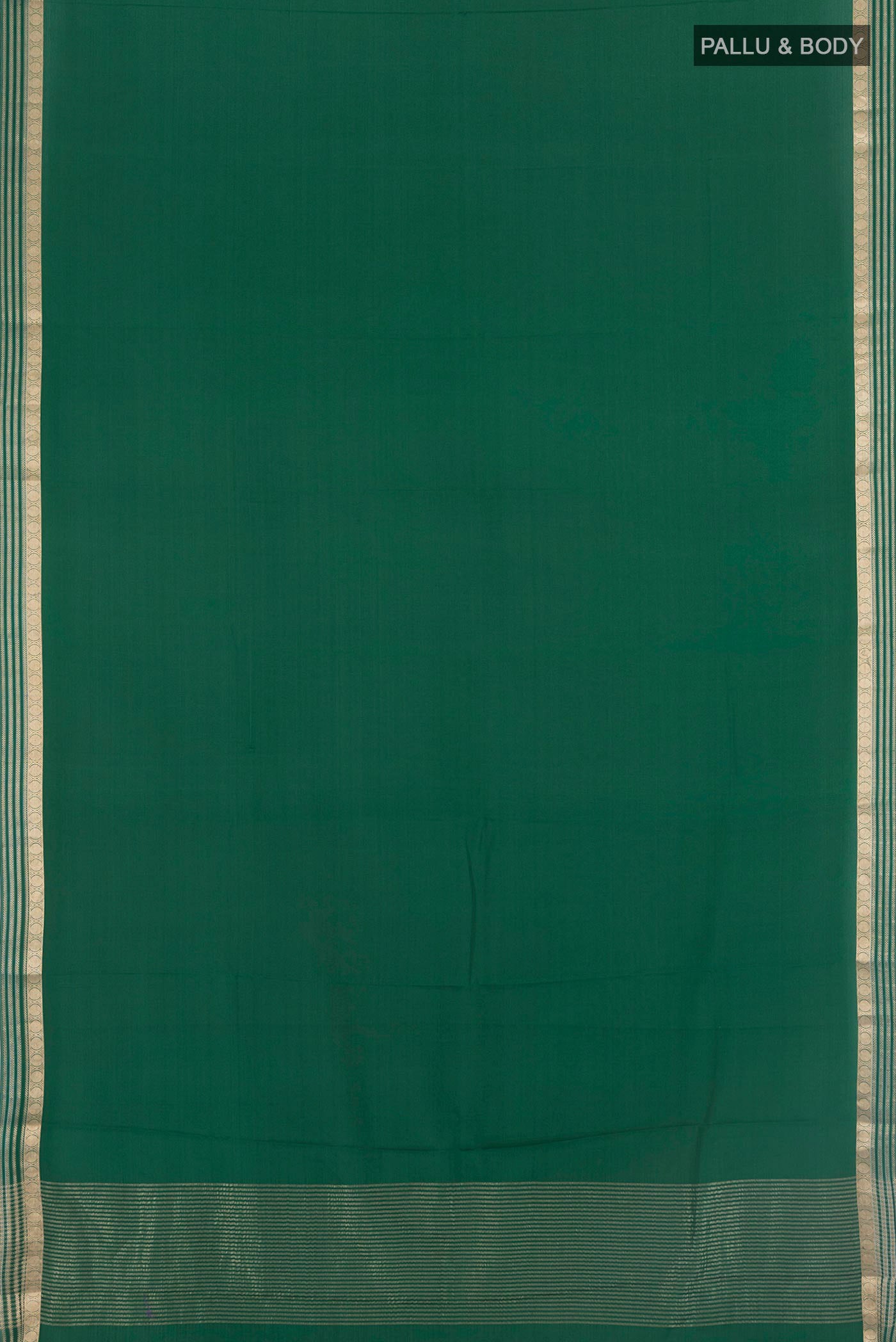 Flat view of Bottle Green Mysore Crepe Saree with Plain Body and Zari Border. 