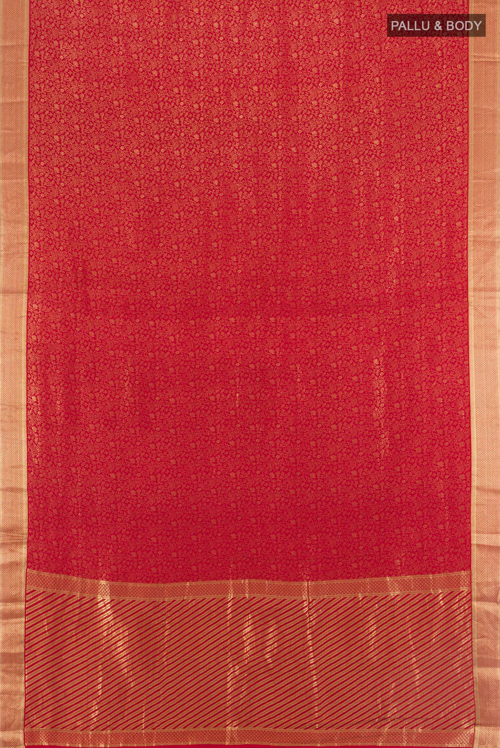 Flat view of Red Mysore Crepe Saree with Zari Brocade on the body and Zari Border. 